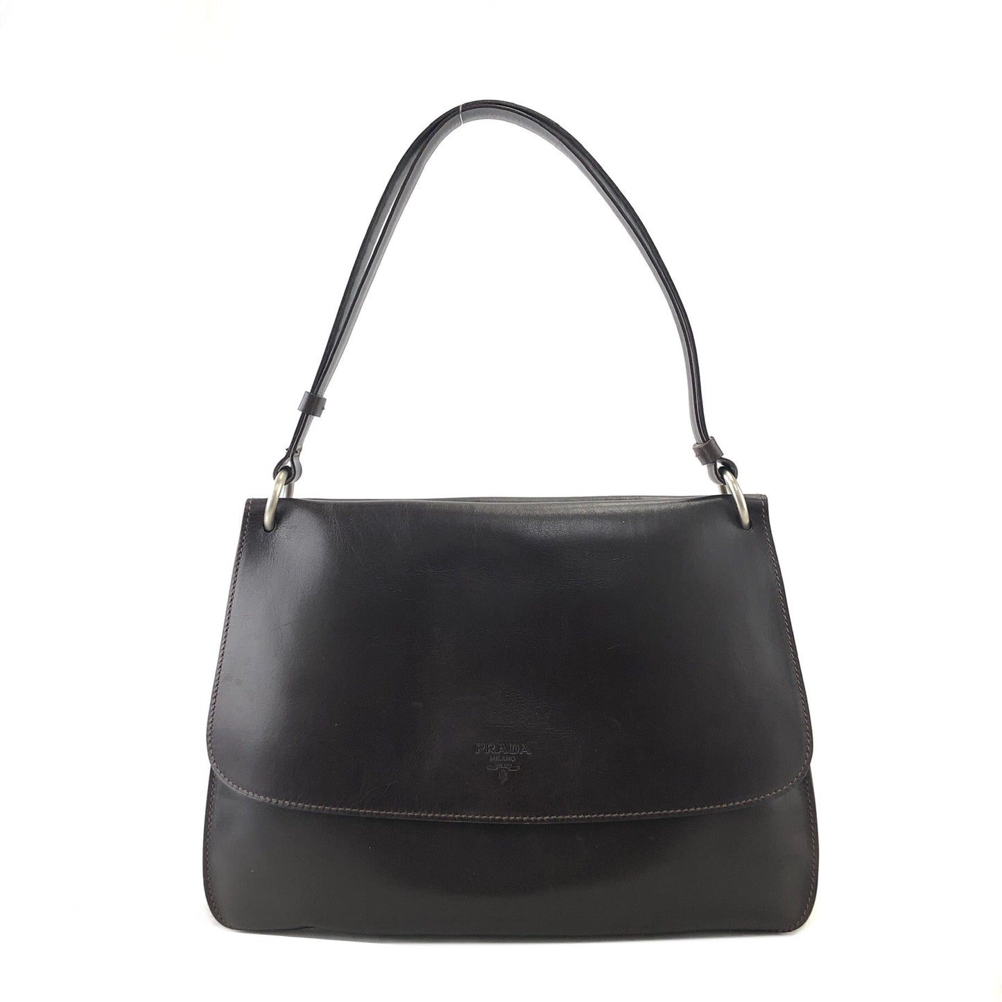 PRADA Logo Double Face Leather Handbag Brown Vintage twseze