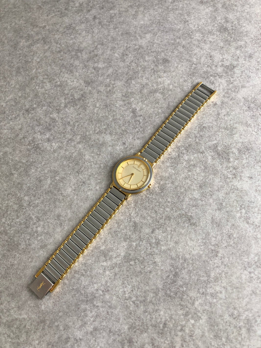 Yves Saint Laurent YSL Logo Quartz Watch Silver×Gold 4620-E62267Y Vintage ehmzr7