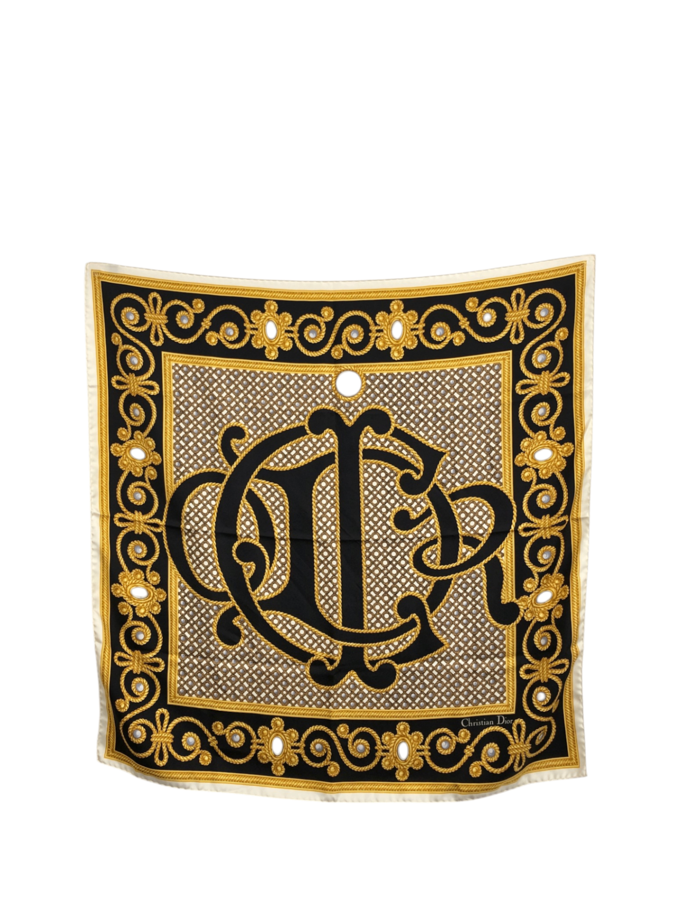 Christian Dior ロゴパターンスカーフ Christian Dior Logo Motif SILK Scarf Gold×Black Vintage ikbe8h