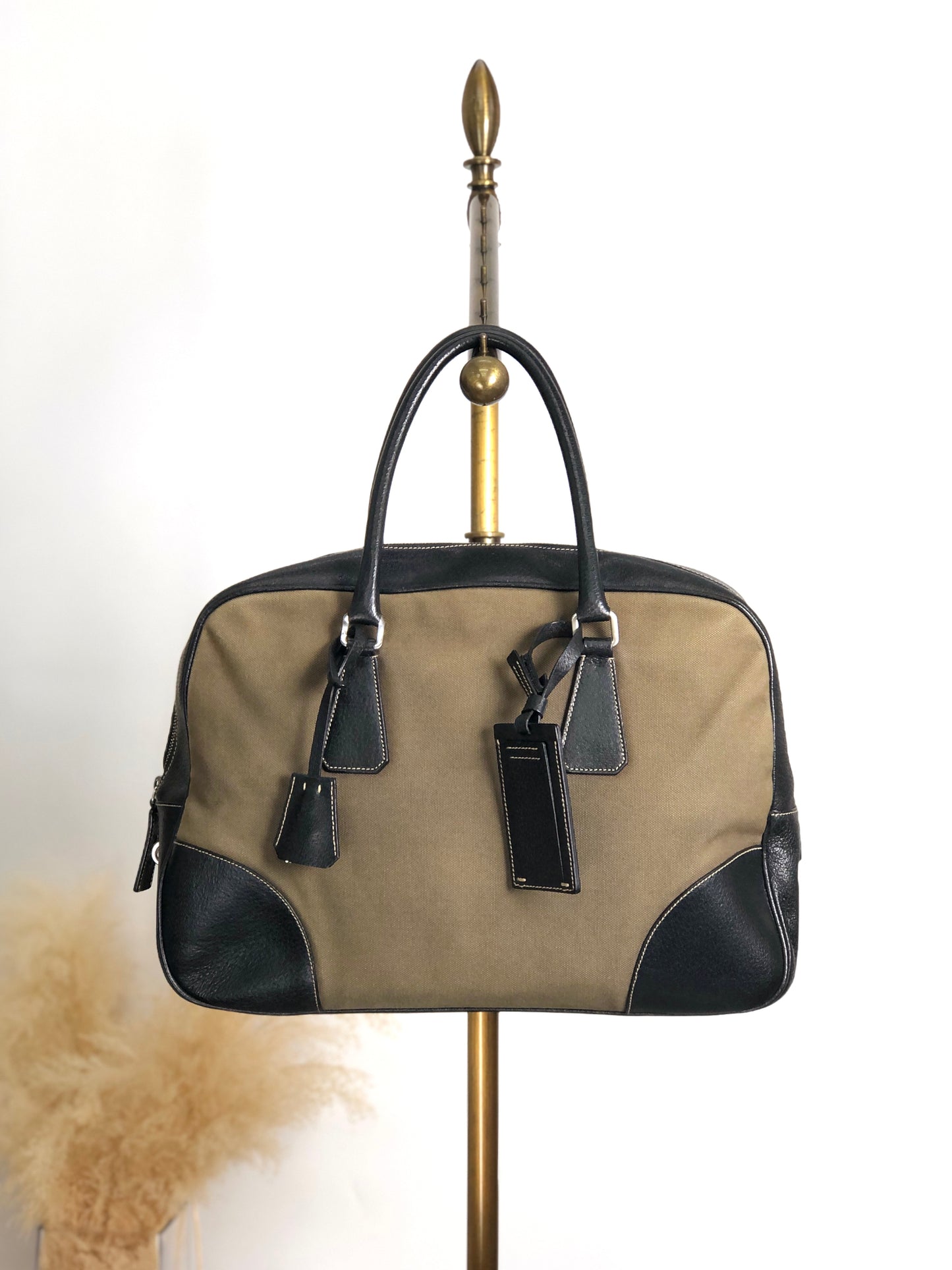 PRADA Triangle Logo Handbag Boston bag Black×Khaki Vintage 7dekxx
