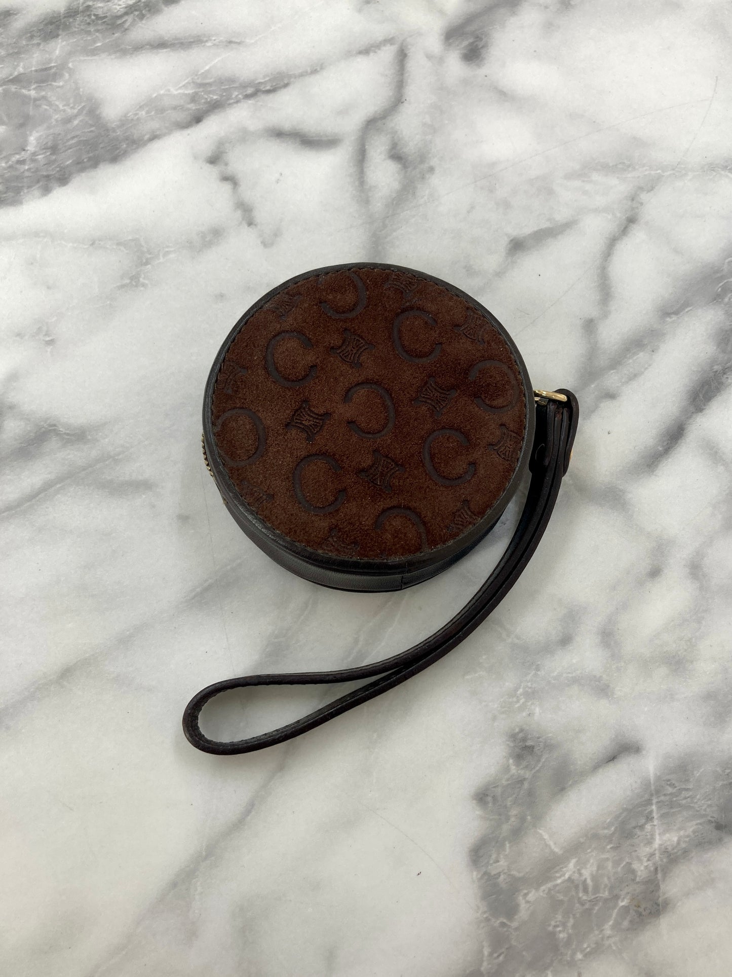 CELINE C-Macadam Blason Suede Leather Round Coin Purse Brown Vintage 6z2vft