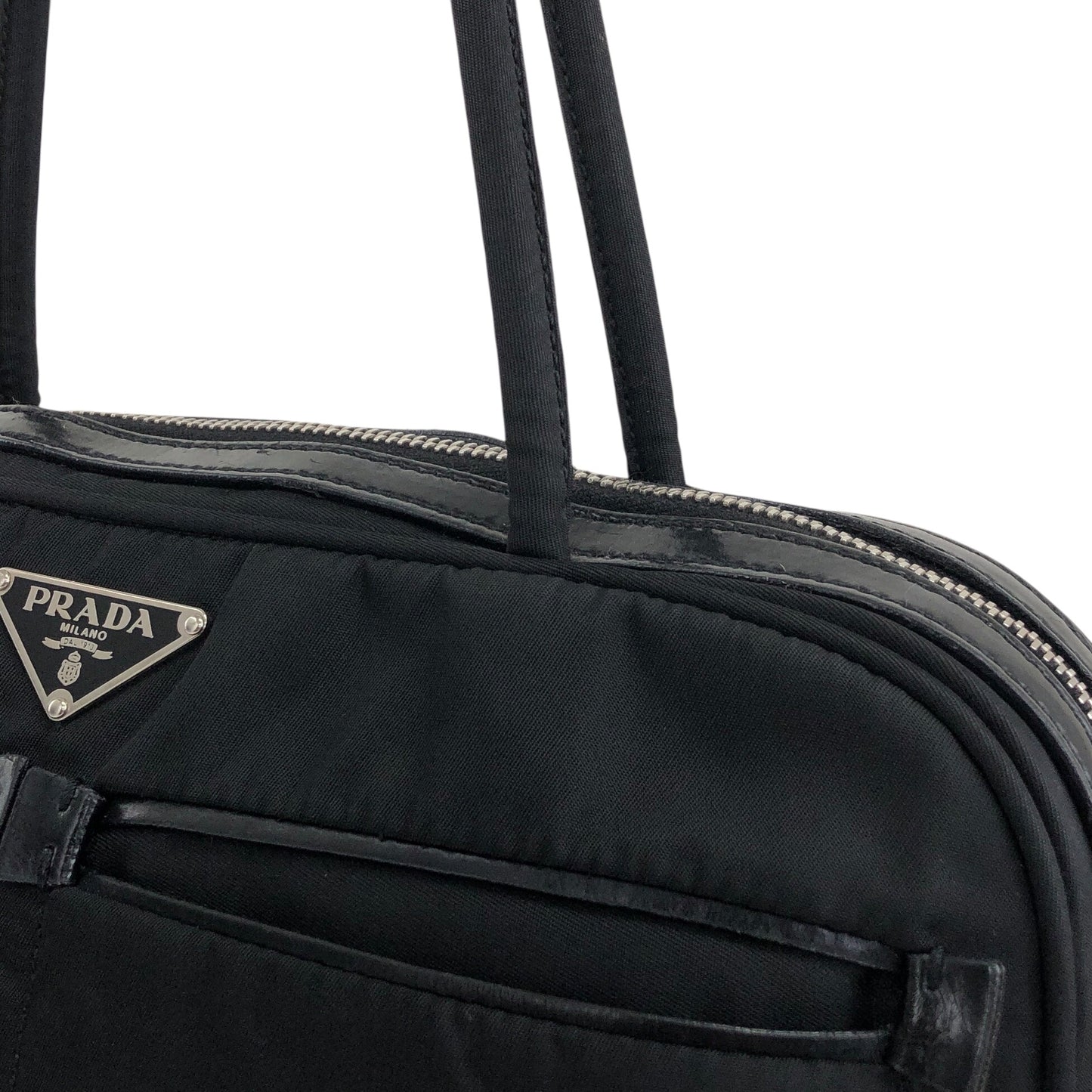 PRADA Tessuto Triangle Logo Front Pocket Small Boston bag Handbag Black Vintage gips8j