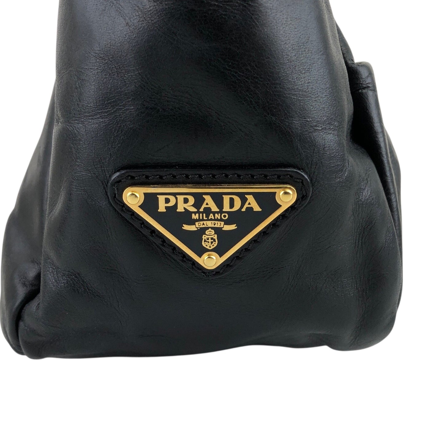 PRADA 三角形標誌絲帶圖案手提包黑色復古 a73fym