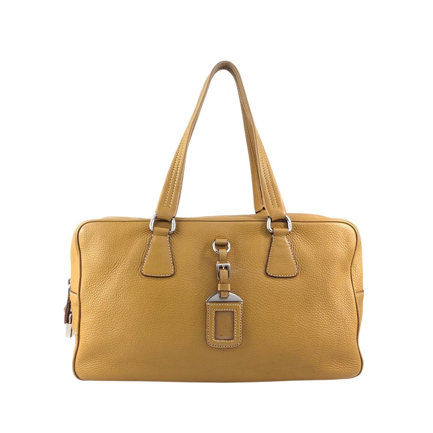 PRADALogo Embossed Small Boston bag Handbag Camel Vintage witjyy