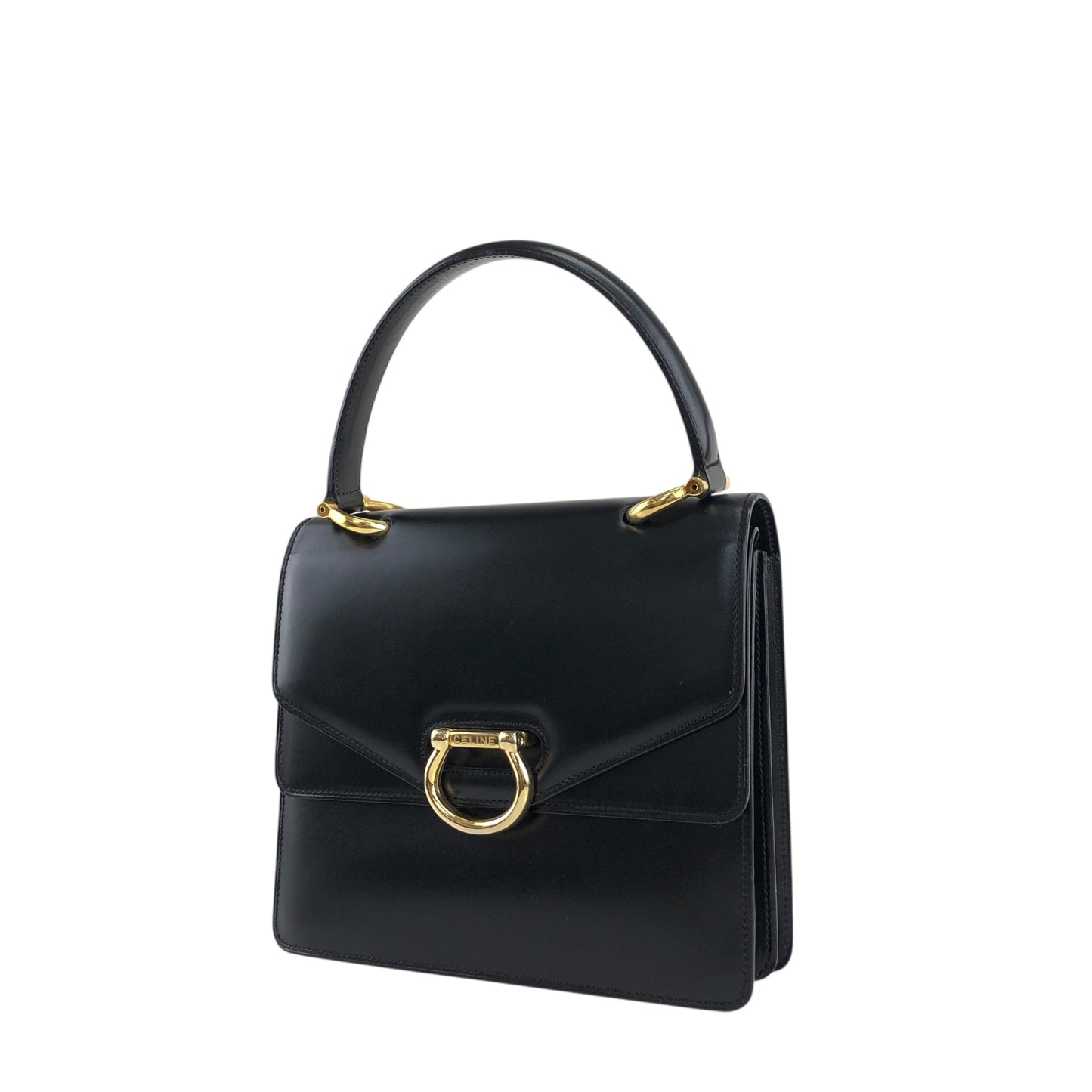 CELINE Horse Bit Double Flap Handbag Black Vintage istaf6
