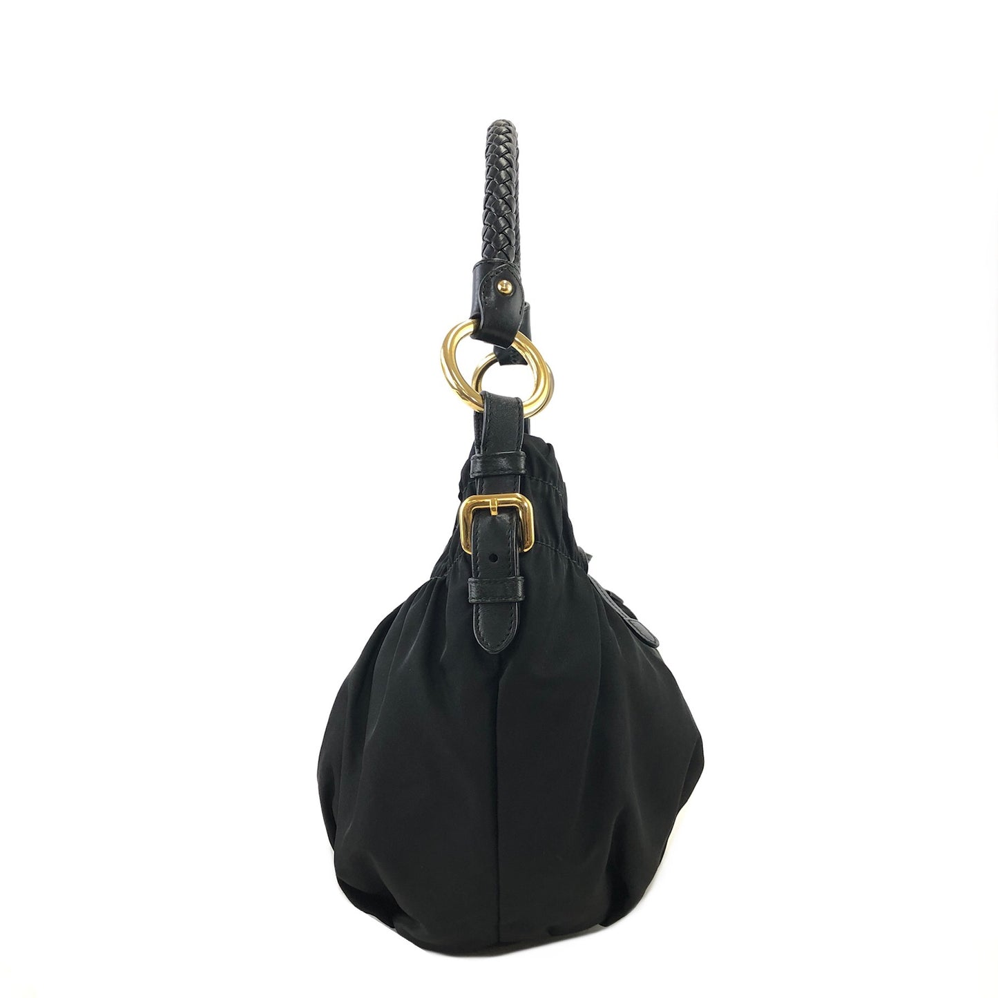 PRADA Logo Nylon Leather Shirring Handbag Black Vintage xwztuy