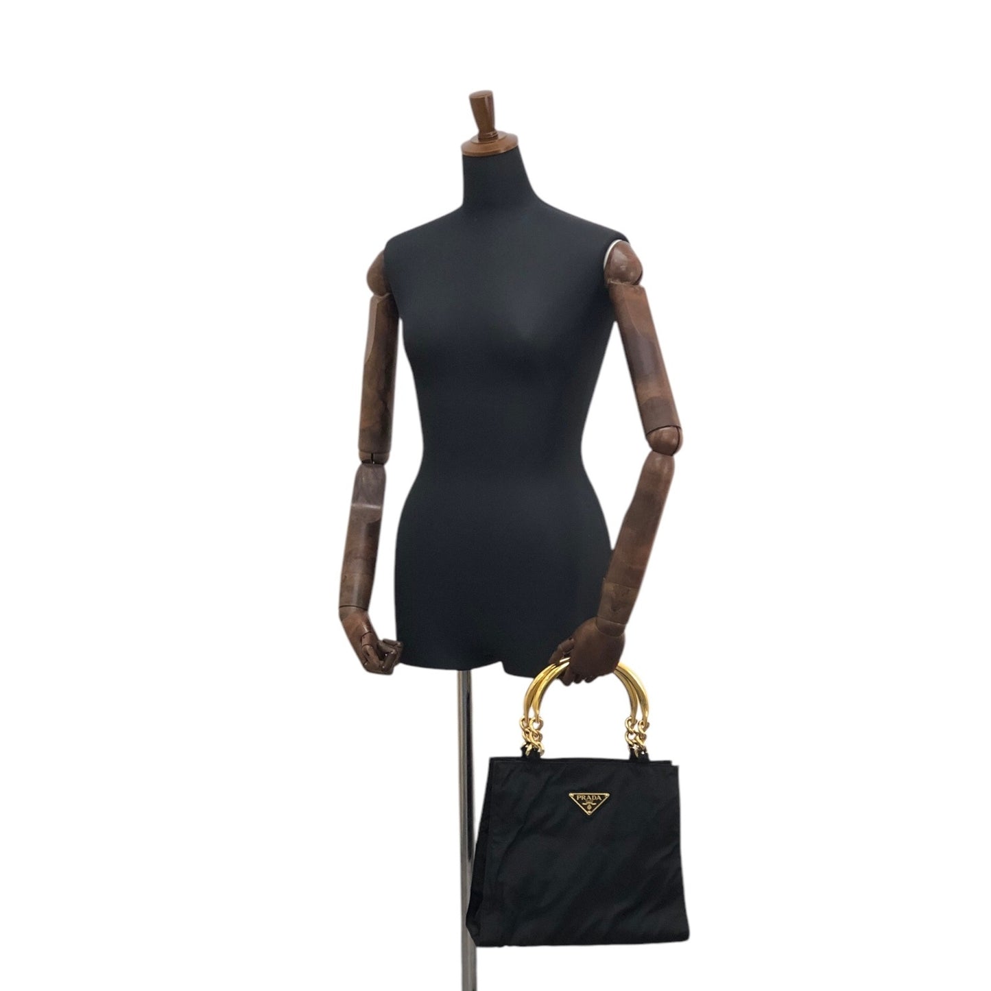 PRADA Triangle Logo Metal Handle Handbag Black Vintage 783mpx