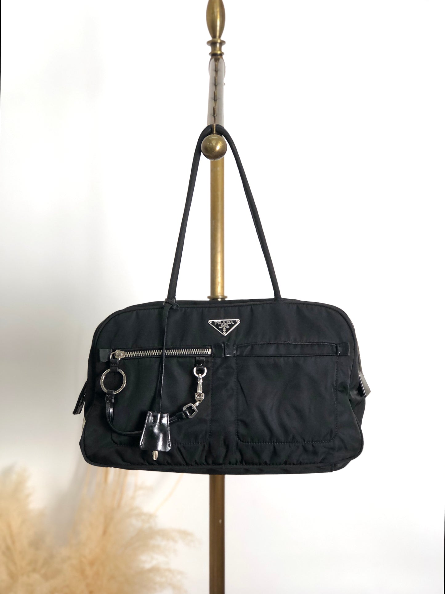 PRADA Triangle Logo Padlock Small Boston bag Handbag Black Vintage a5w87e