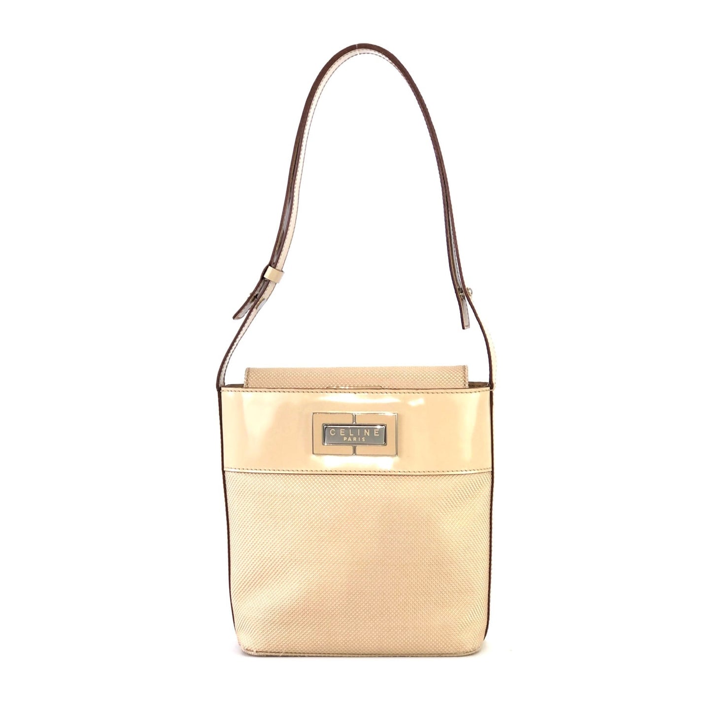CELINE Plate Logo Nylon Enamel Mini Bag Pochette Shoulder Bag Beige Vintage Old Celine 27b7s8
