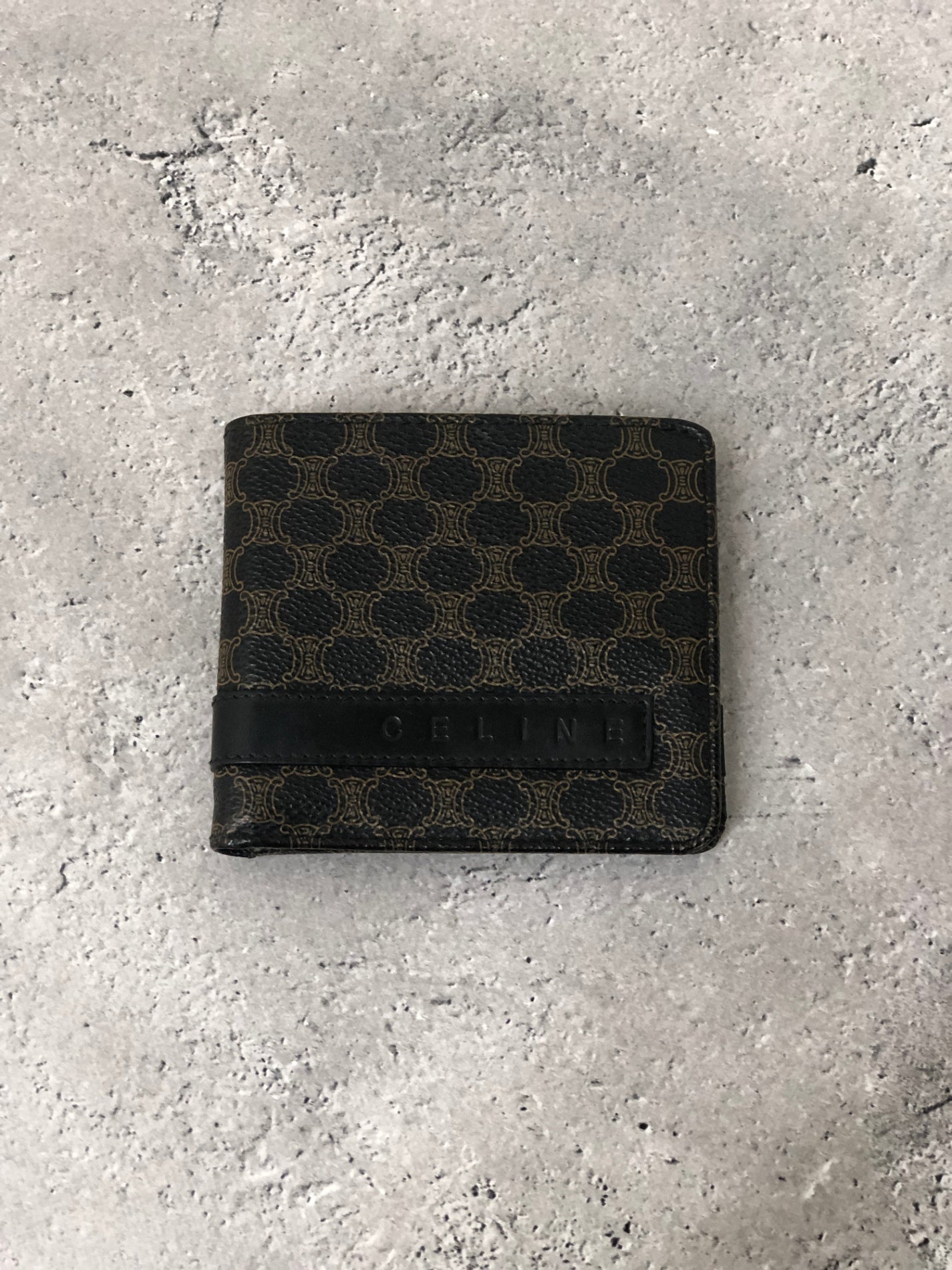 CELINE Macadam Logo PVC Leather Folded Wallet Black Vintage 57nfmr