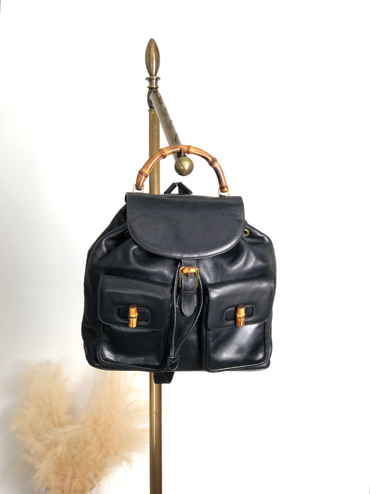 GUCCI Bamboo Double Pocket Backpack Black Vintage 5xx4xe