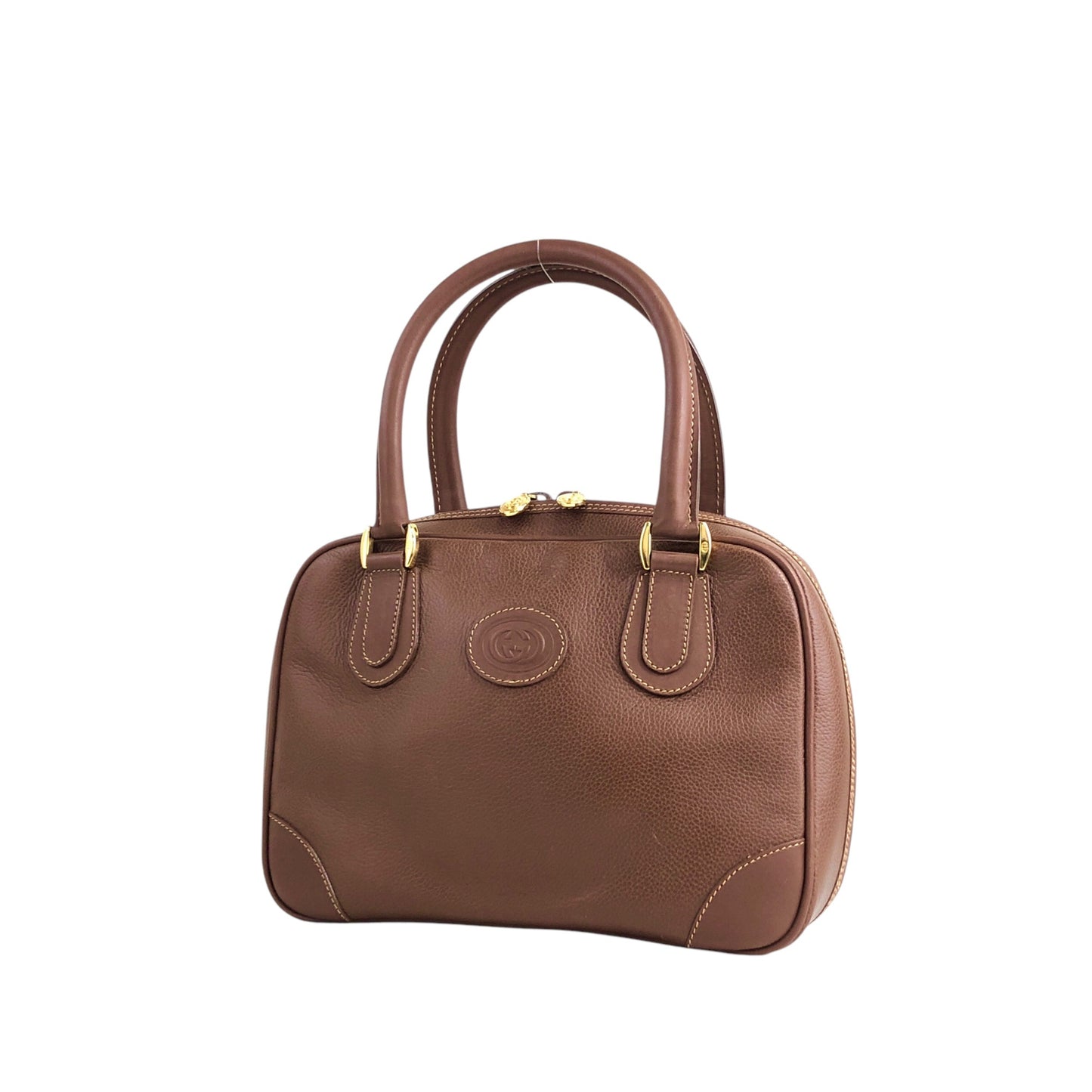 GUCCI Logo Embossed Handbag Boston bag Brown Vintage 7vibey