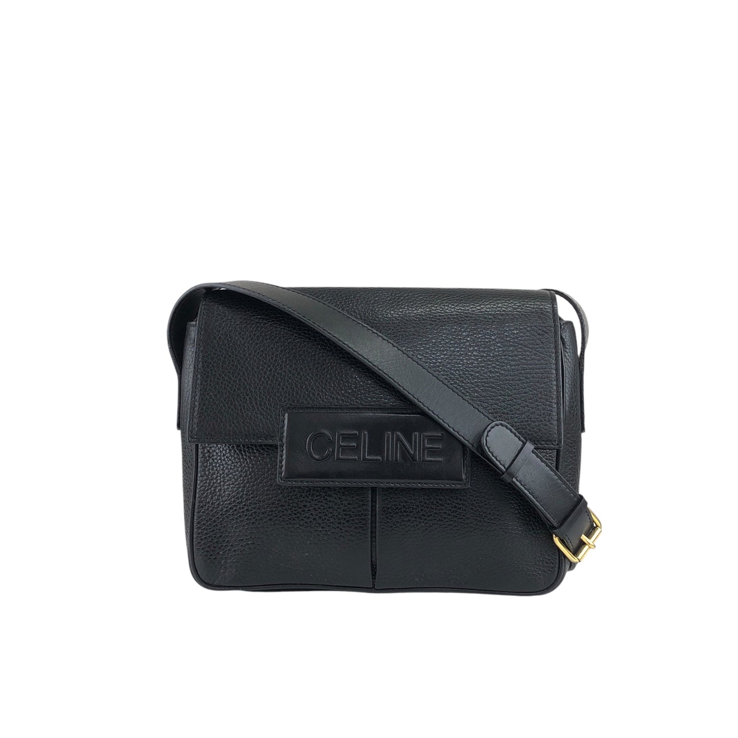 CELINE Logo Embossed Shoulder bag Black Vintage 66np7h