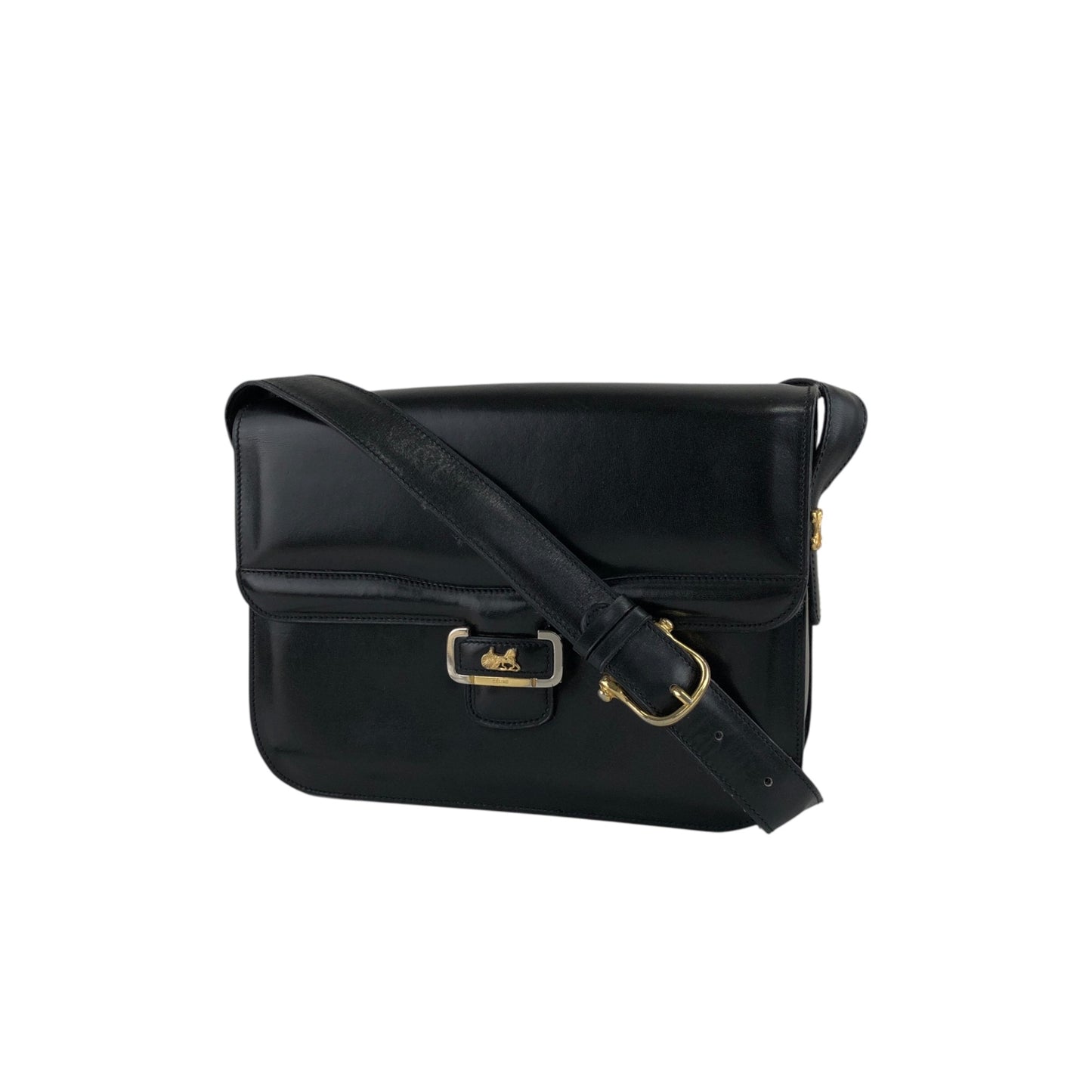 CELINE Triomphe Horse Carriage Shoulder bag Black Vintage pw788h