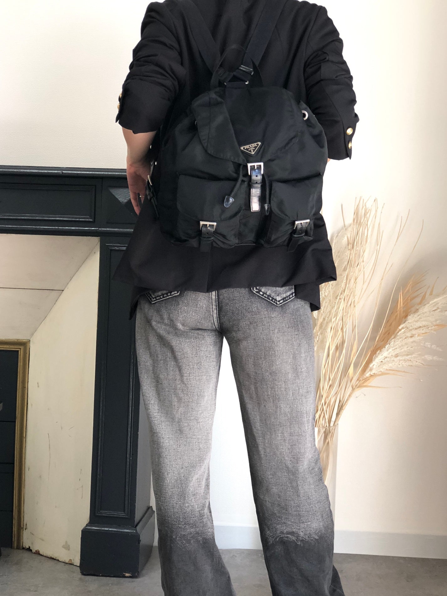 PRADA Tessuto Triangle Logo Double Pocket Backpack Black Vintage 3pvjac