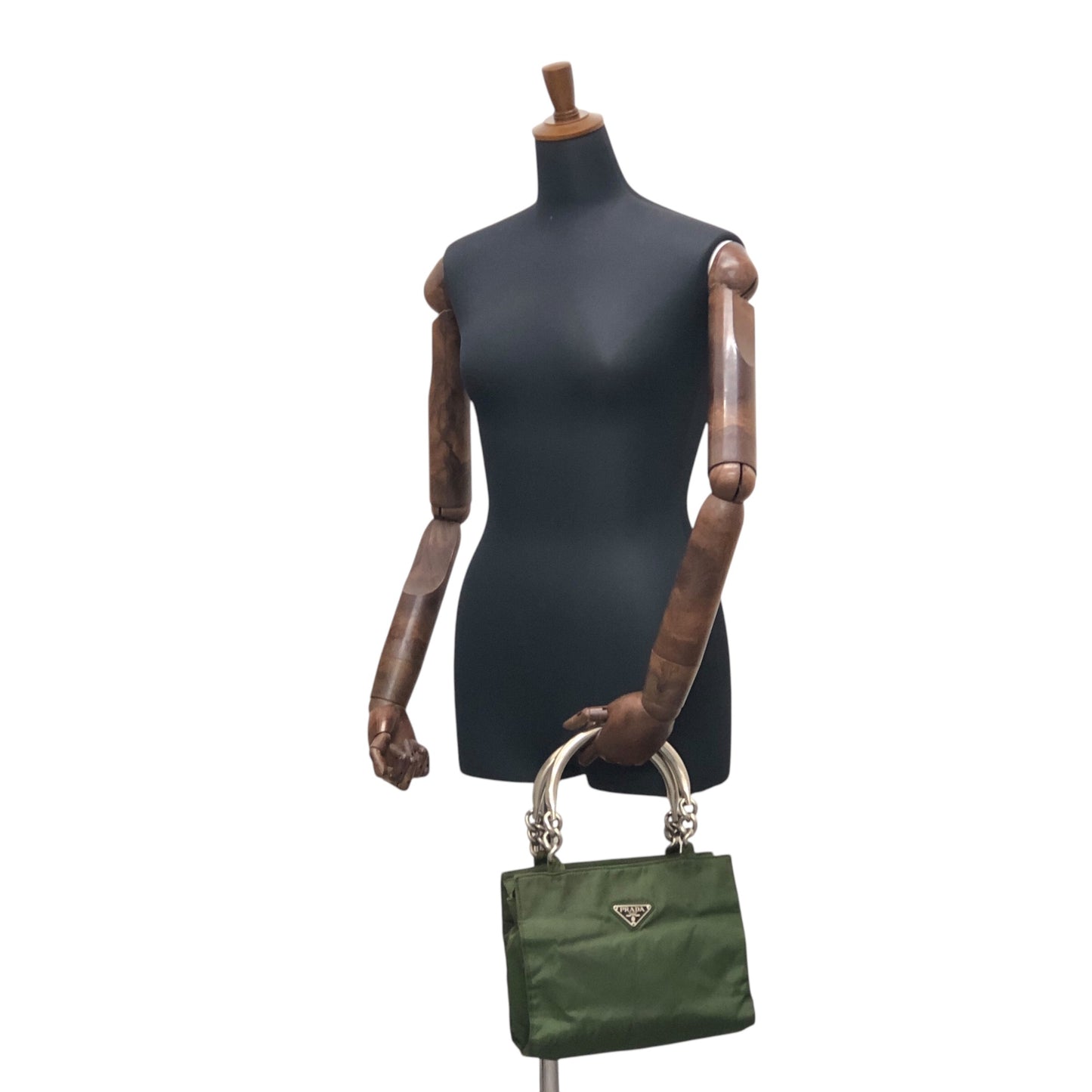 PRADA 三角形標誌金屬手柄手提包綠色復古 xdsyty