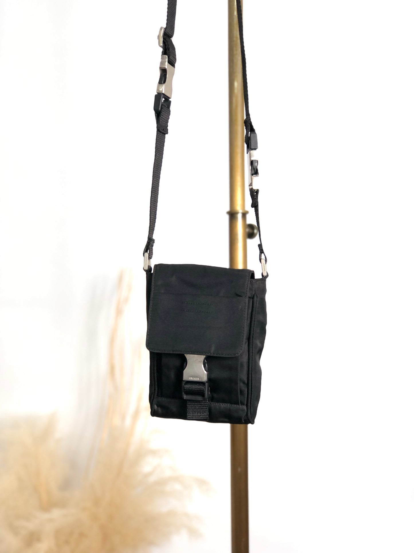 PRADA Tessuto Triangle Logo Front Buckle Small Shoulder bag Black Vintage efbuwg