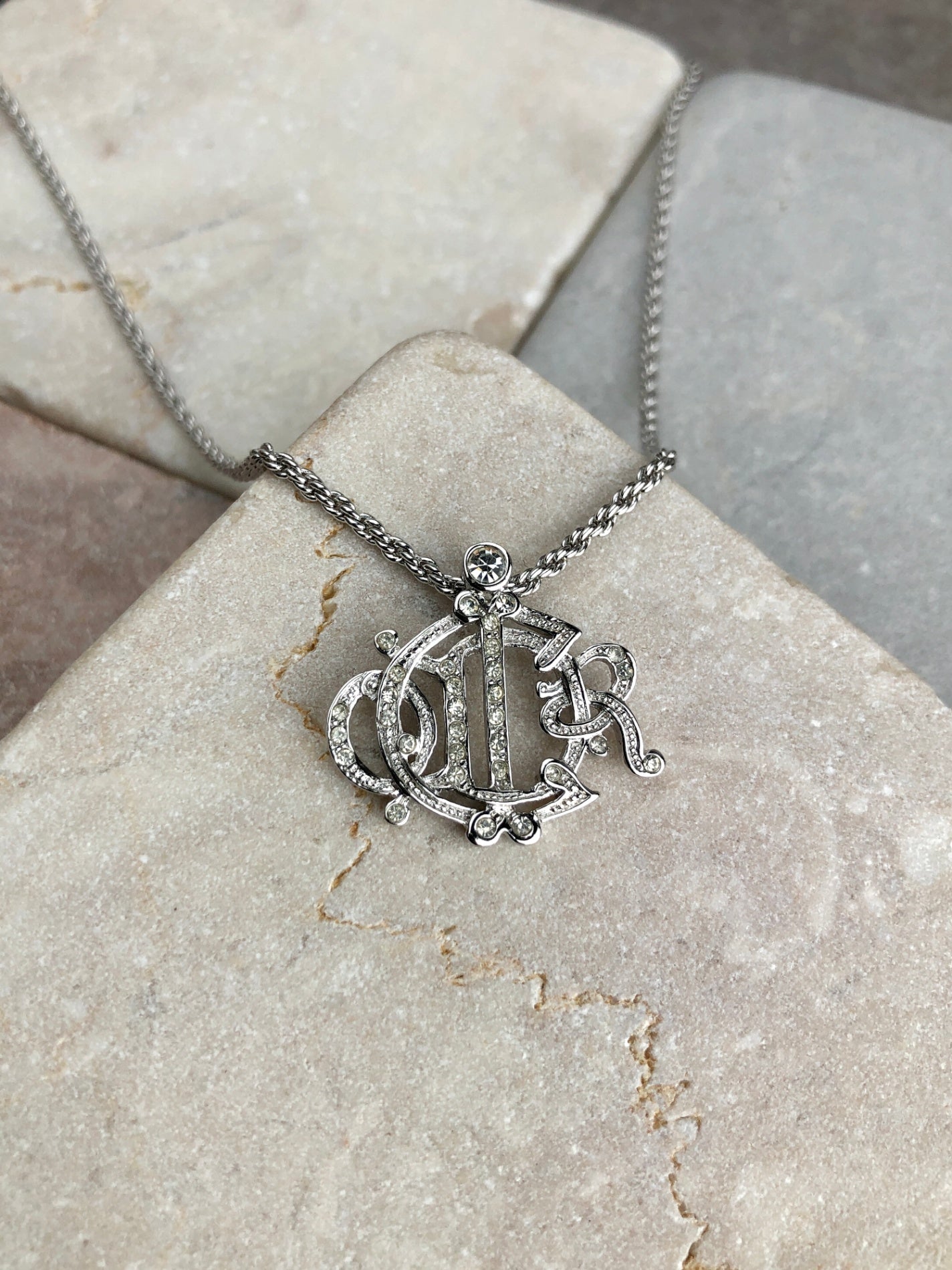 Christian Dior Emblem Necklace Silver Vintage cdz3bm