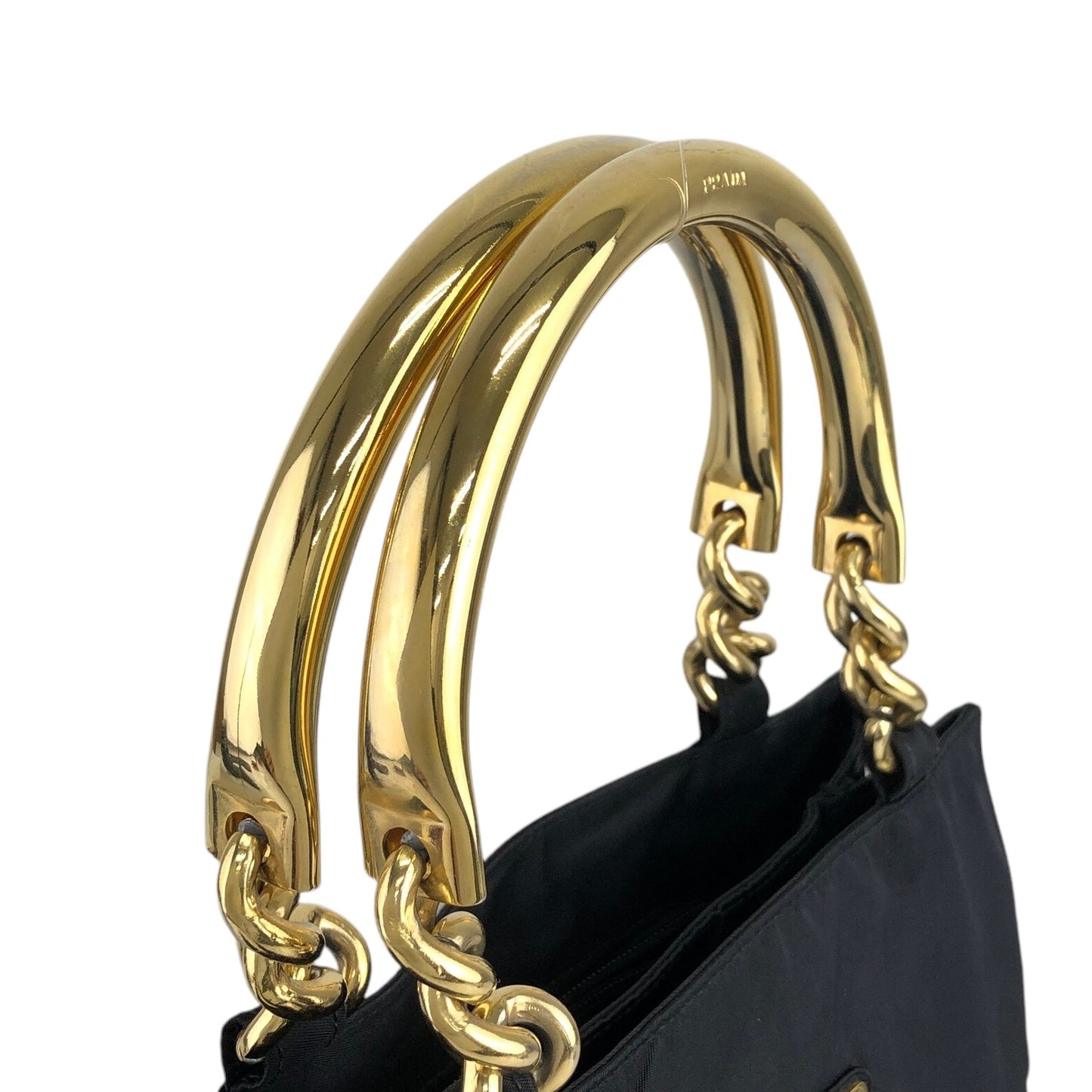 PRADA Triangle Logo Metal Handle Handbag Black Vintage 783mpx
