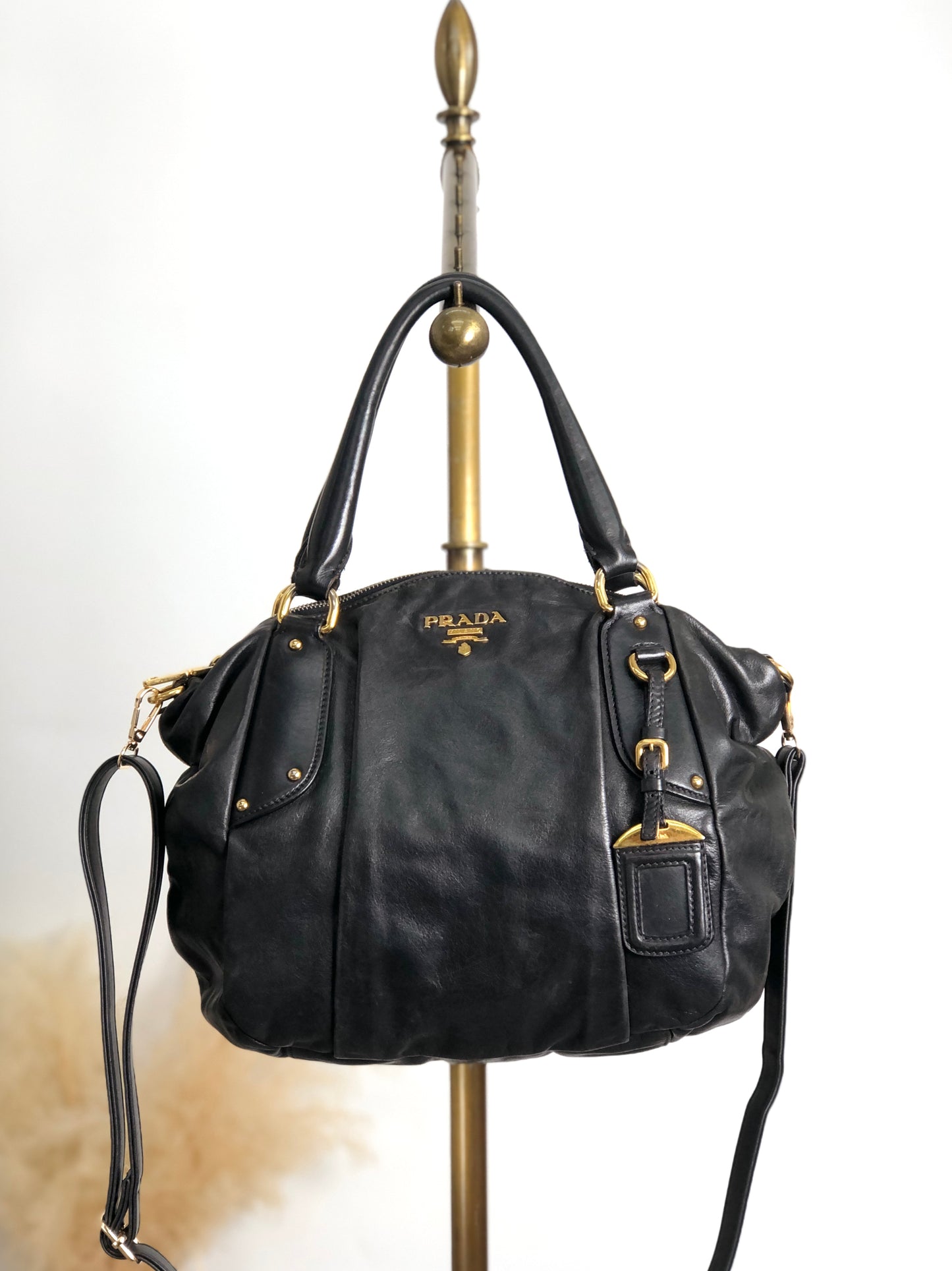 PRADA Logo Two-way Handbag Shoulder bag Black Vintage ashbj6