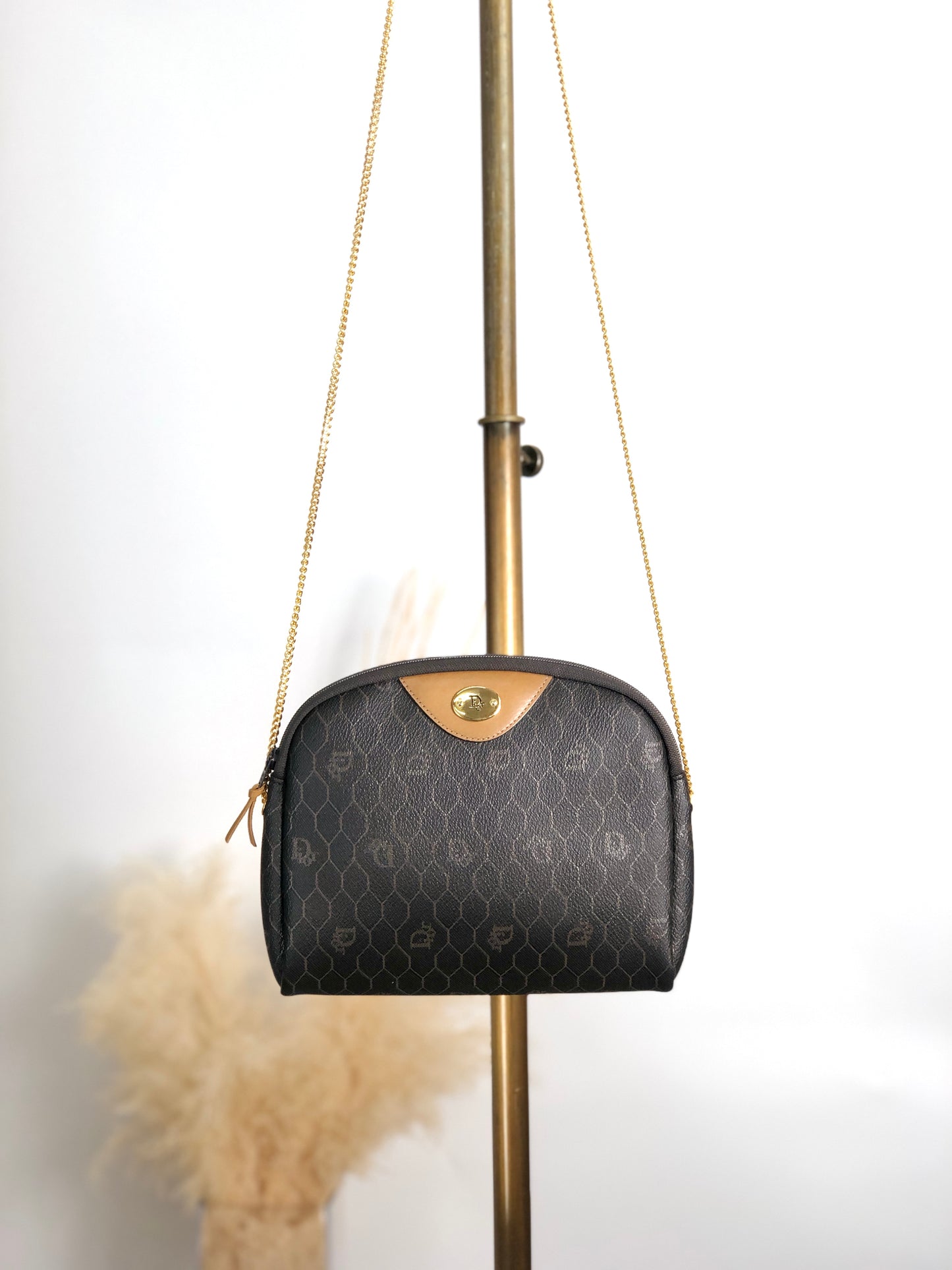 Christian Dior Honeycomb Pattern Chain Shoulder bag Black×Brown Vintage am6zmm