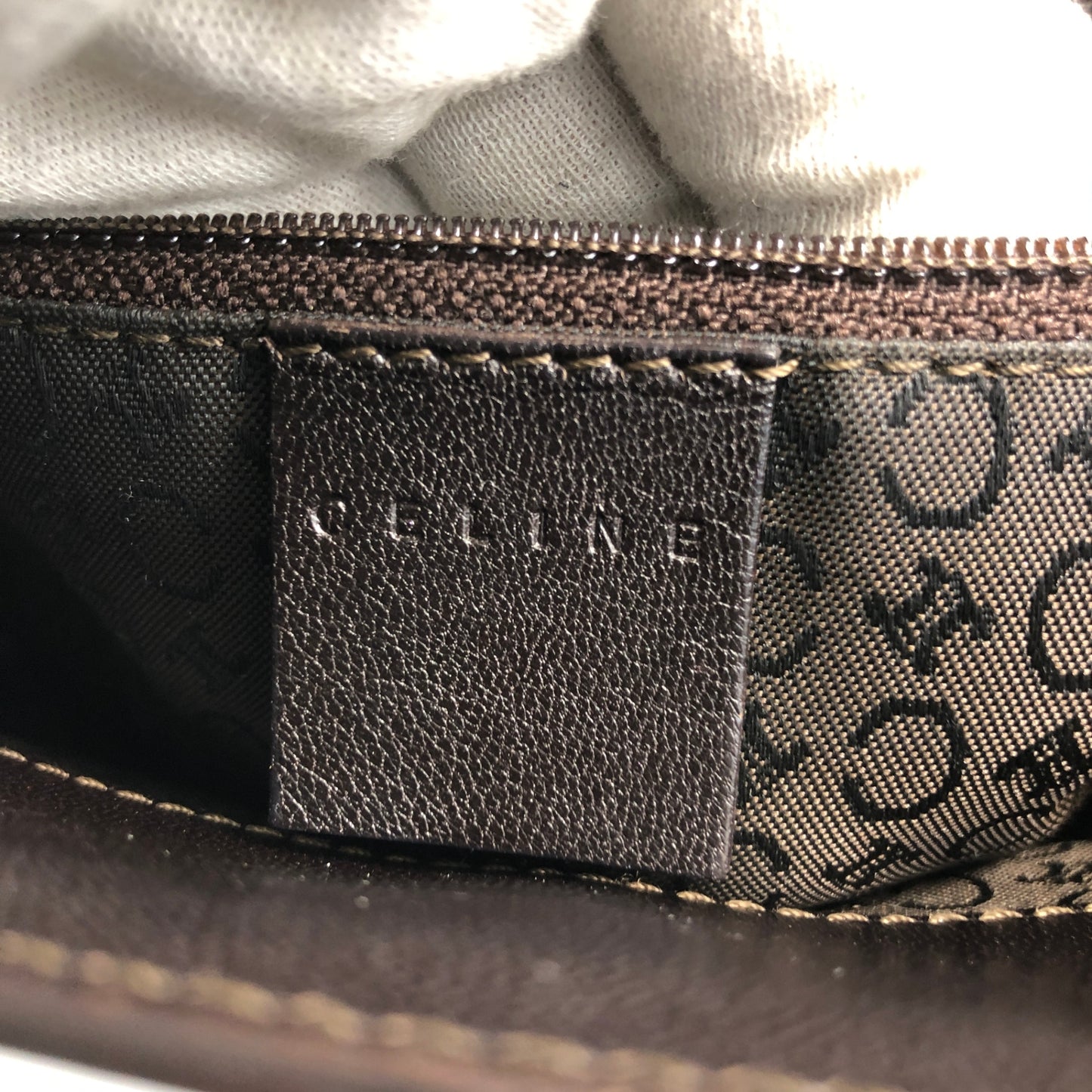 CELINE Logo Embroidery Chain Handbag Brown Vintage 88vc8f