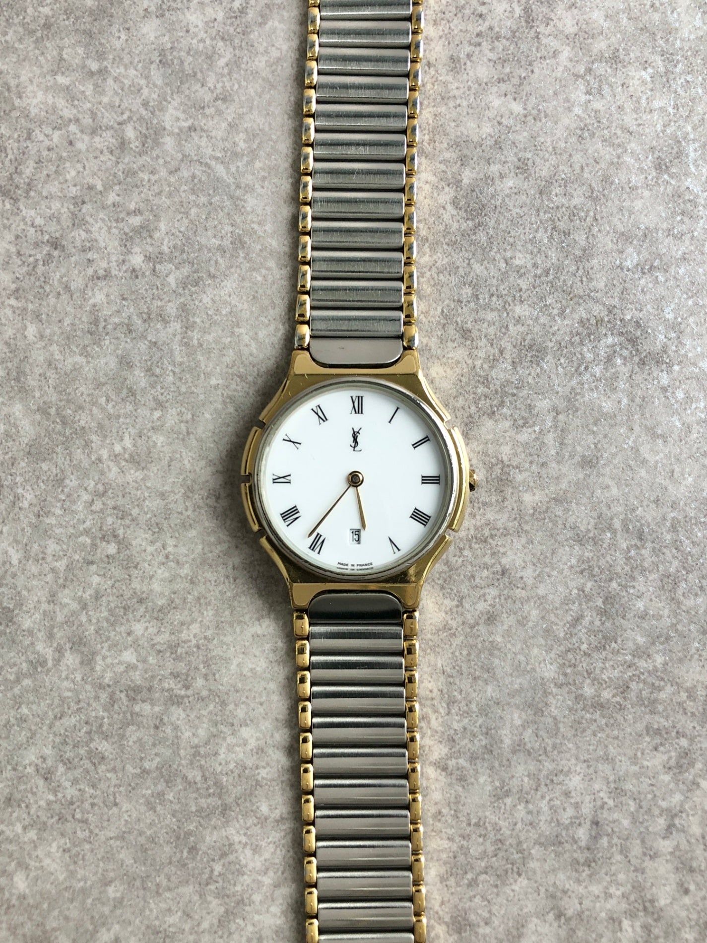 Yves Saint Laurent YSL Logo Quartz Watch Silver×Gold 291842 Vintage jav7in