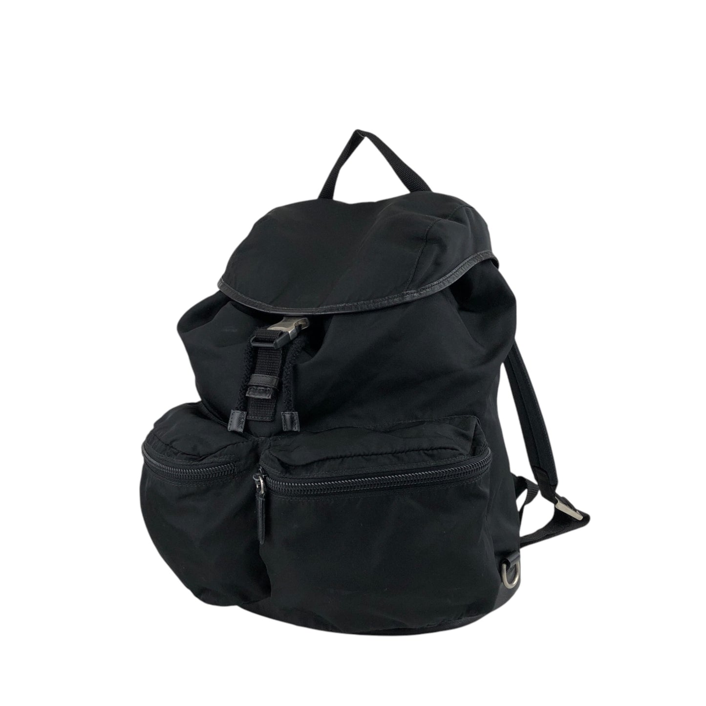 PRADA Triangle Logo Front Belt Double Pocket Backpack Black Vintage 7wppf4