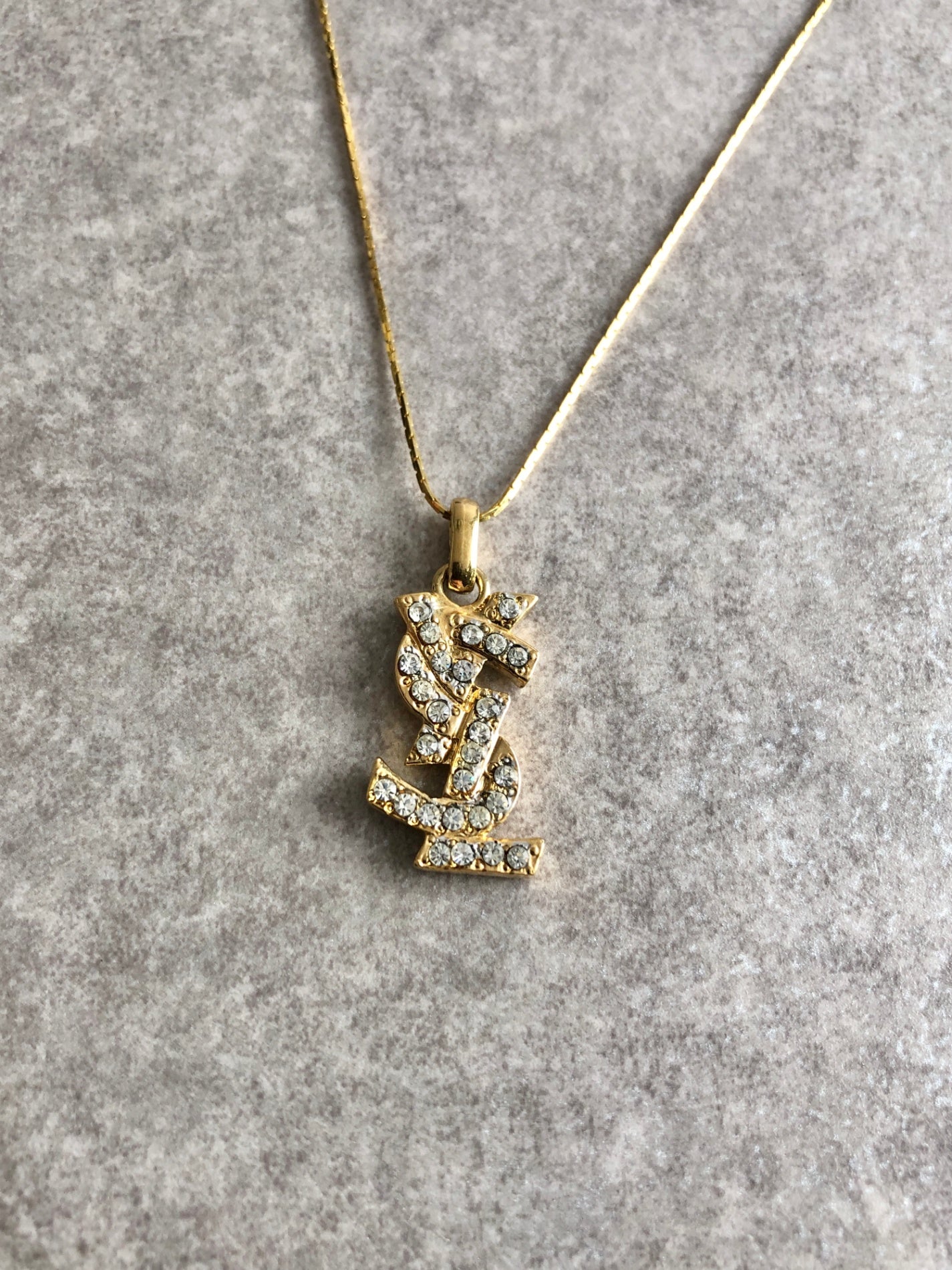 Yves Saint Laurent YSL Logo Rhinestone Necklace Gold Vintage mgyvm5