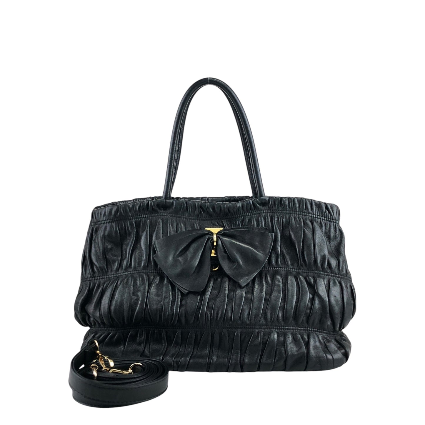 PRADA Ribbon Motif Two-way Handbag Shoulder bag Black Vintage hfsinw
