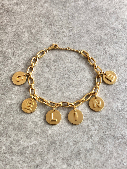 CELINE Logo Charm Bracelet Gold Vintage yin3xg