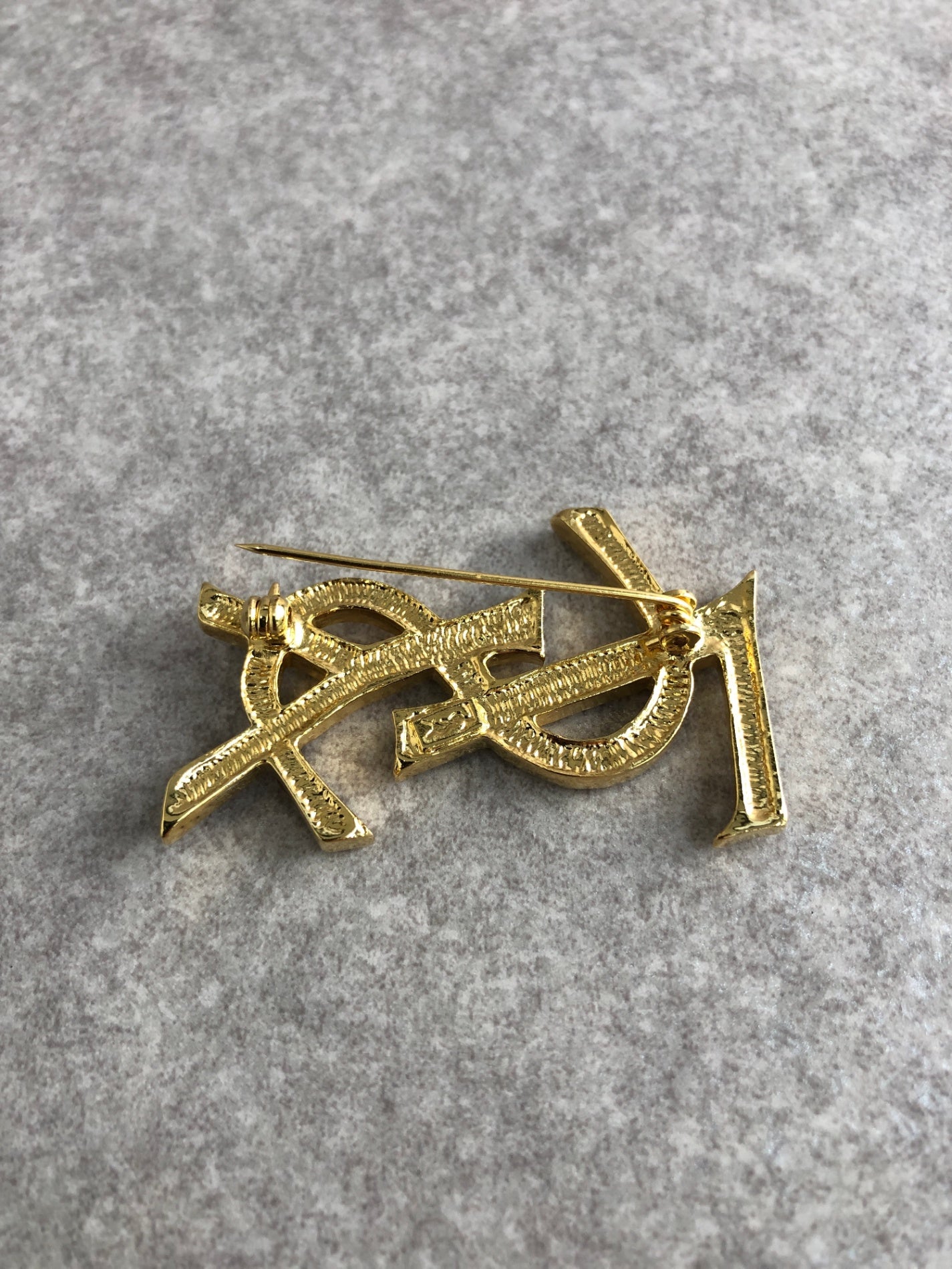 Yves Saint Laurent YSL Logo Rhinestone Brooch Gold Vintage 6w4tg3