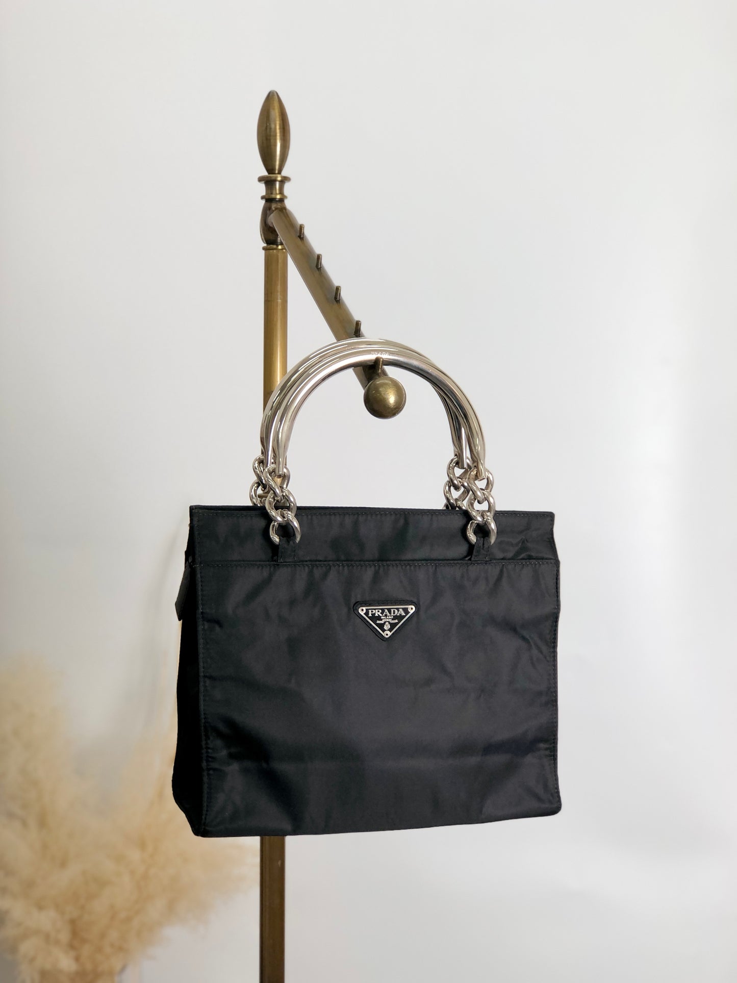 PRADA Tessuto Triangle logo Metal Handle Handbag Black Vintage 5usfgw