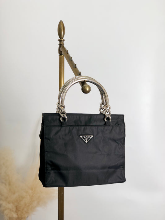 PRADA Tessuto Triangle logo Metal Handle Handbag Black Vintage 5usfgw