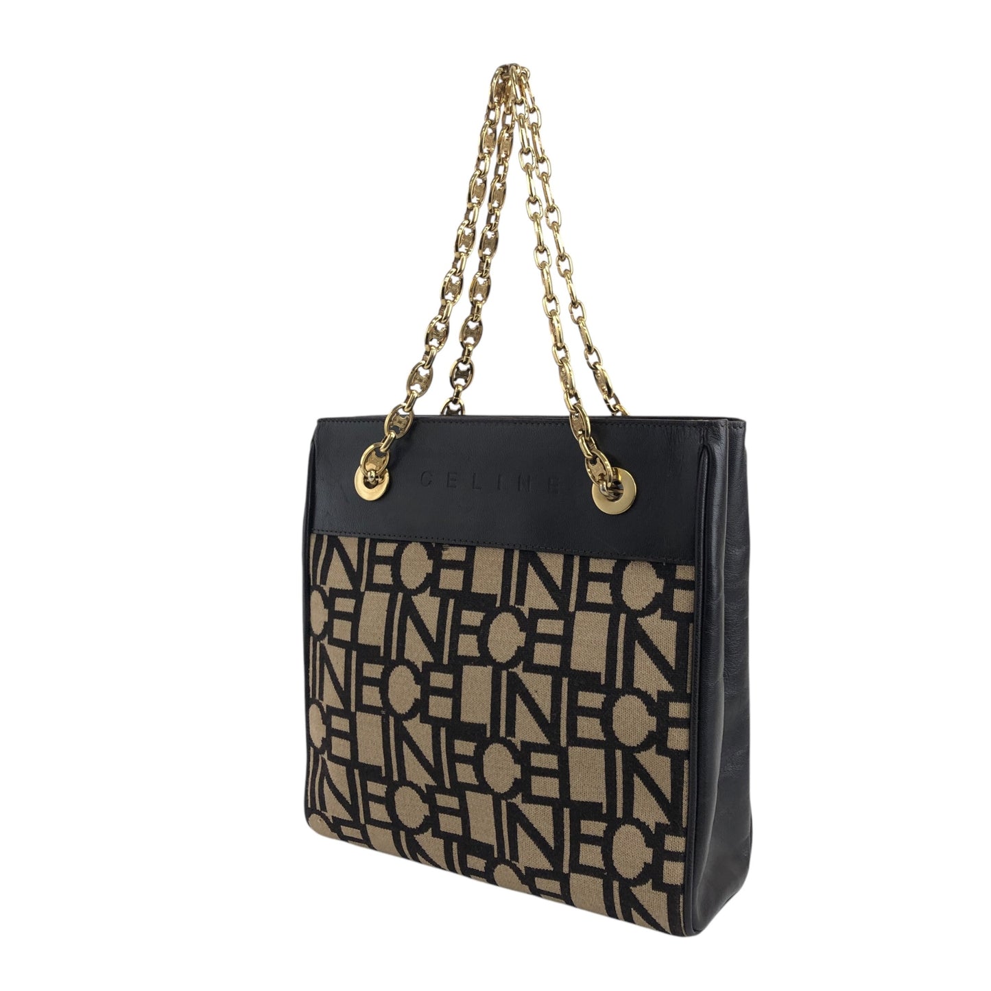 CELINE Logo Embroidery Chain Handbag Brown Vintage 88vc8f