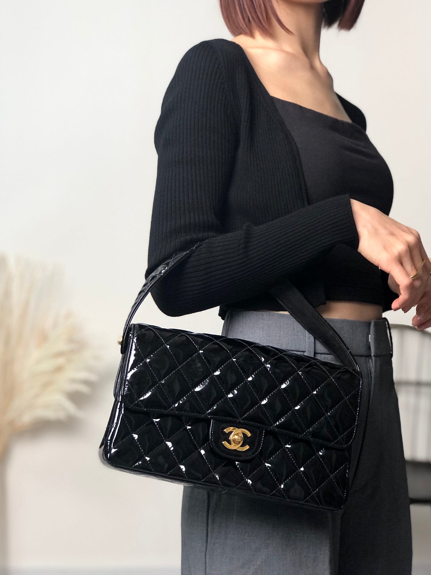 CHANEL Matelasse Coco Mark 手提包黑色復古 kdmcy3