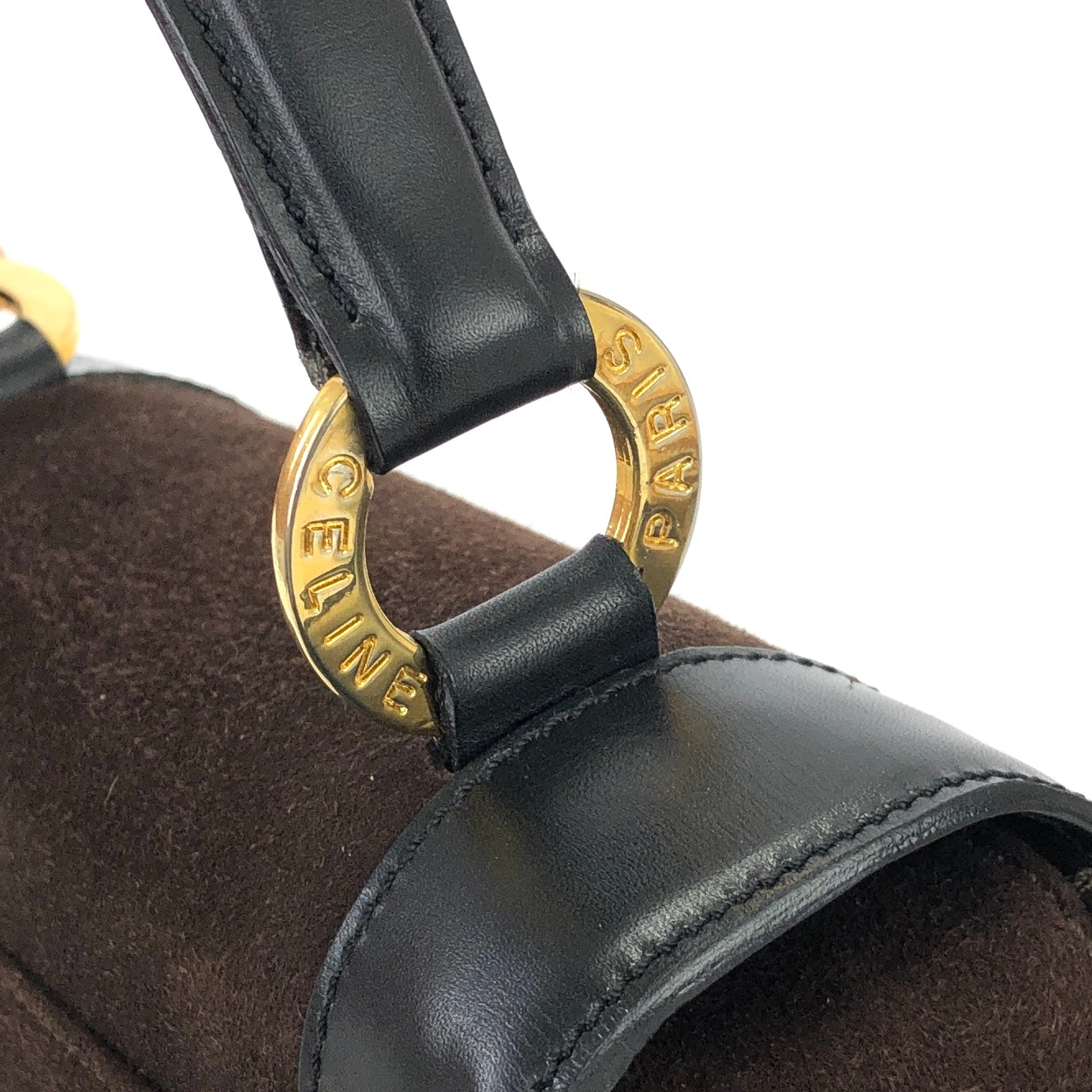 CELINE Circle Logo Suede Leather Two-way Handbag Shoulder bag Brown Black Vintage vxyndh