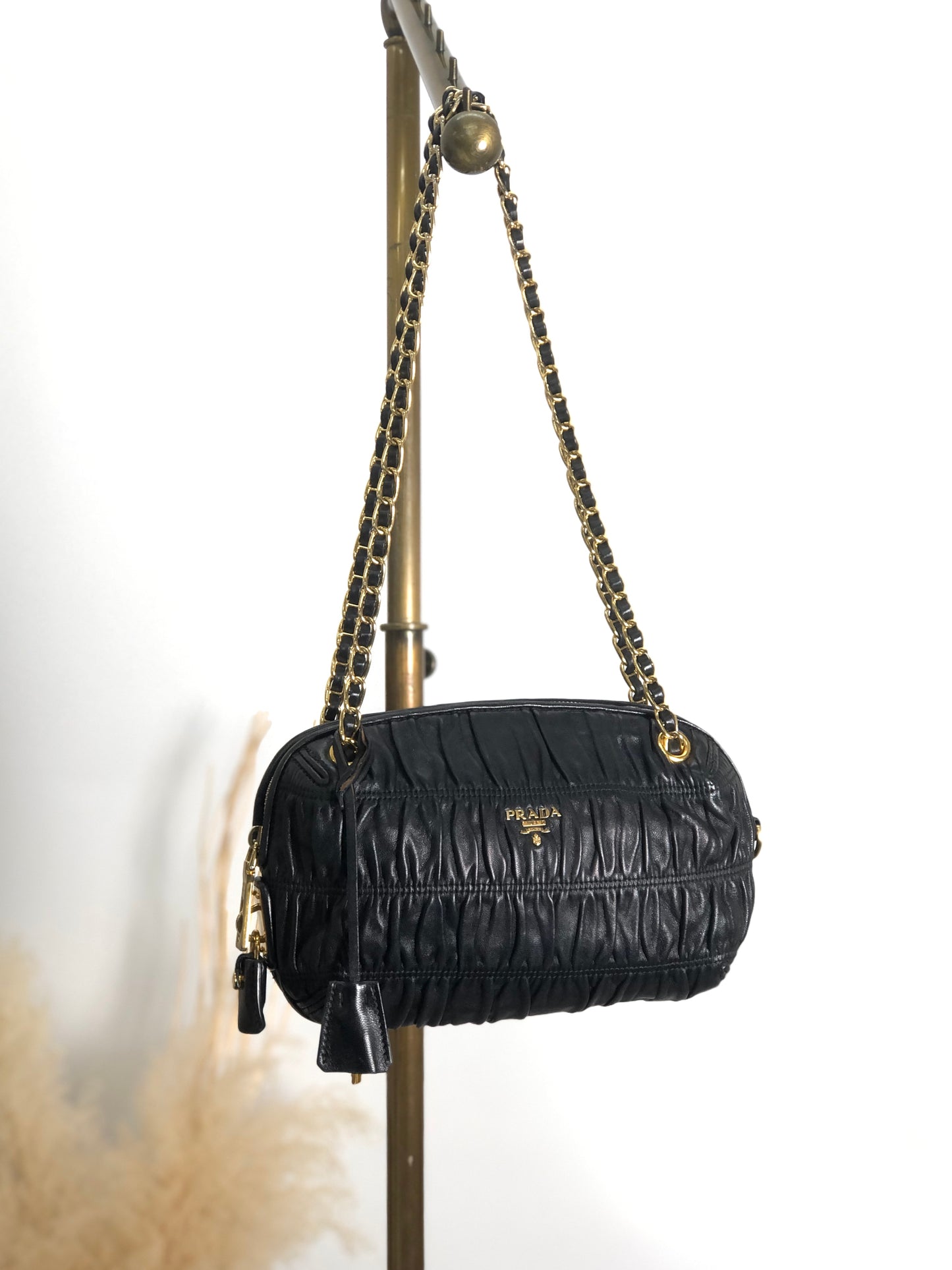 PRADA 標誌鏈條單肩包 黑色 復古 befgd4