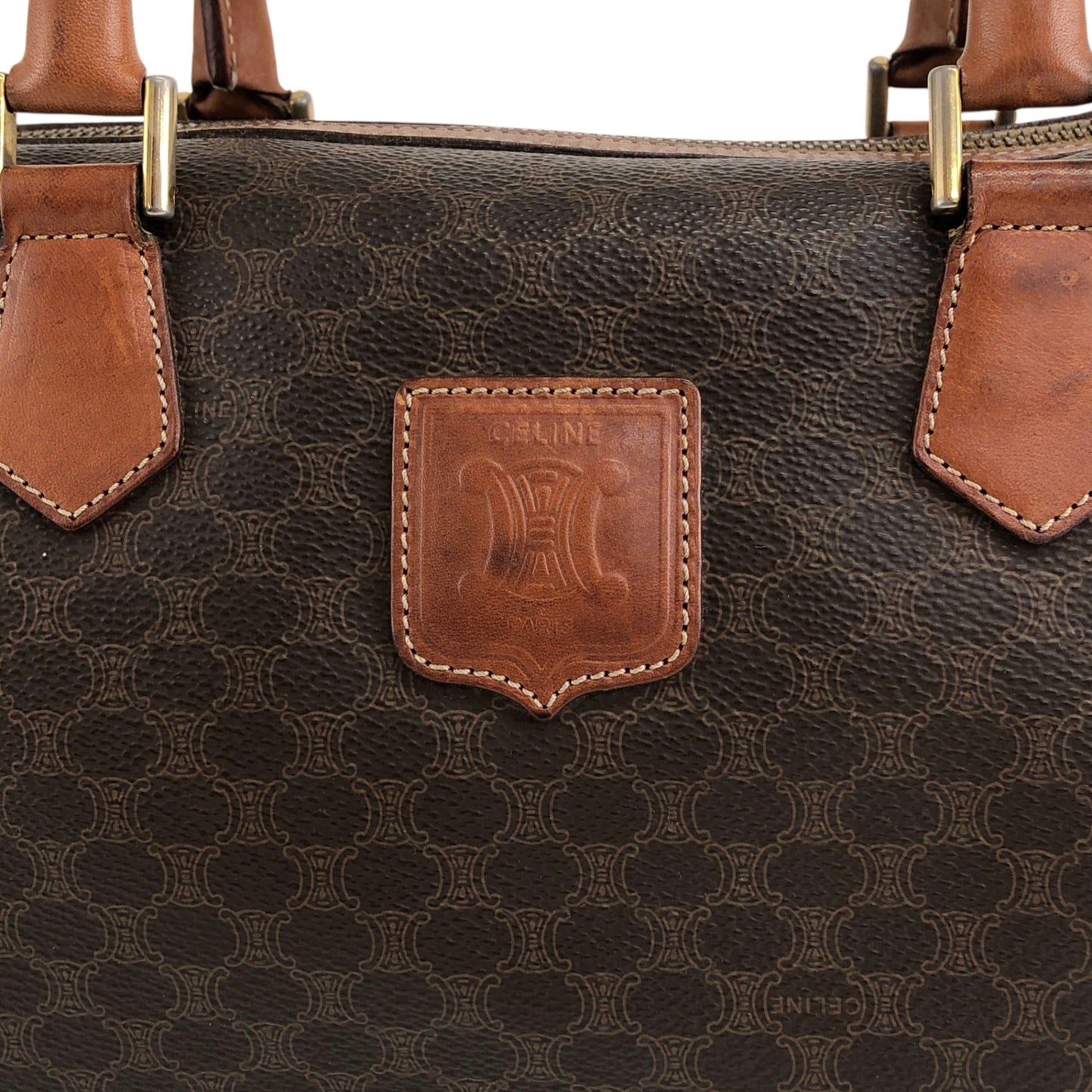 CELINE Macadam Blason Small Boston bag Handbag Brown Vintage akh2uk