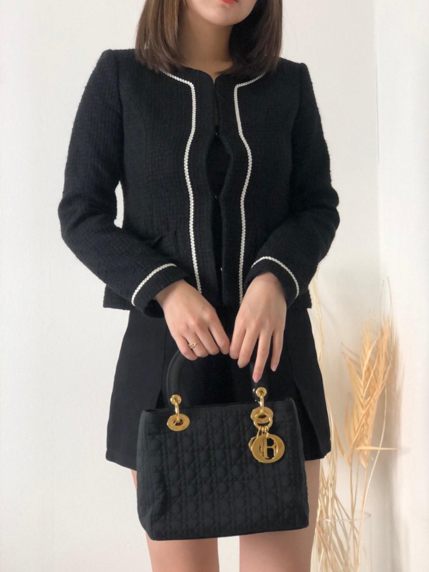 Christian Dior Lady Dior Cannage CD Logo Charm Nylon Two-way Handbag Shoulder bag Black Vintage vwagxx