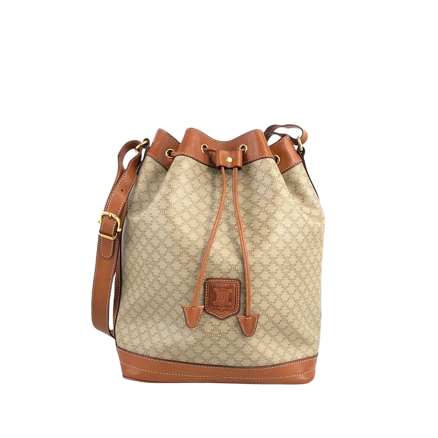 CELINE Macadam Blason Drawstring Shoulder bag Beige Vintage p4favs