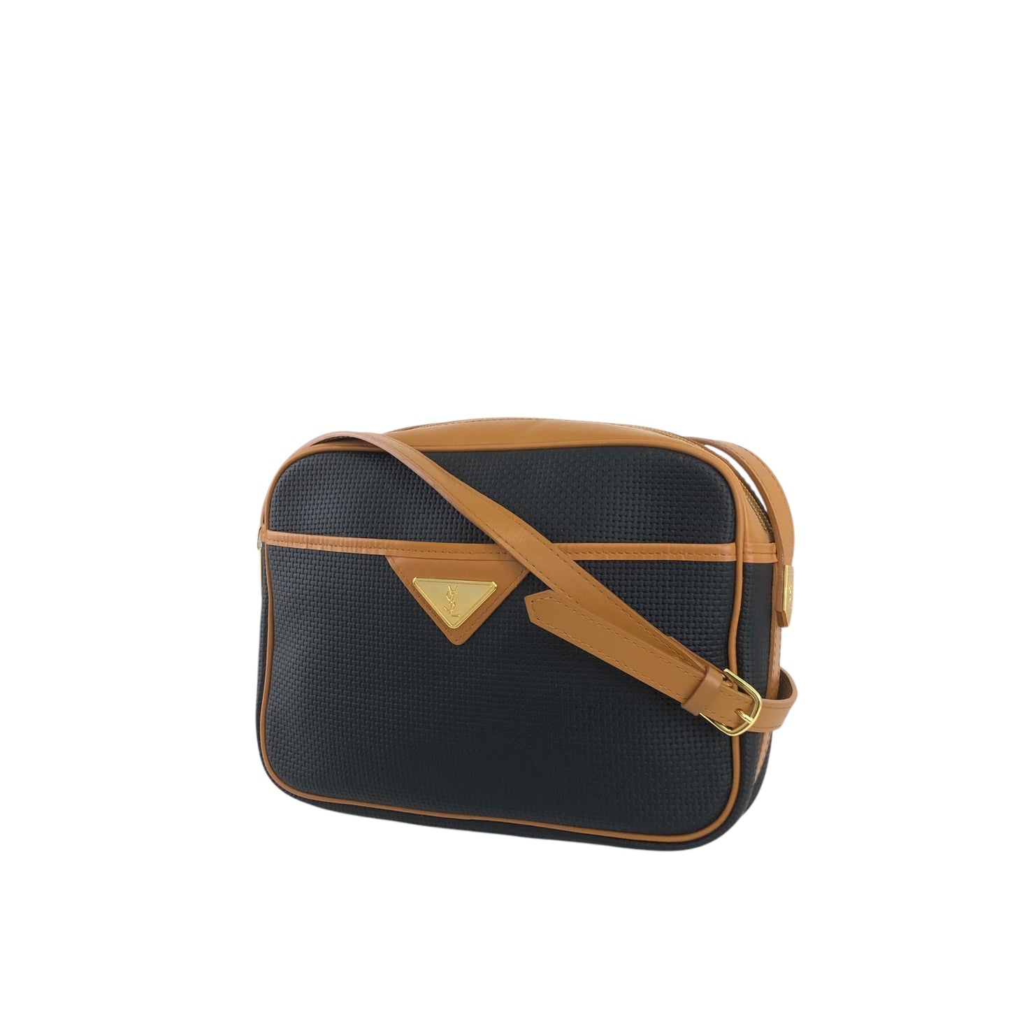 Yves Saint Laurent YSL Logo 單肩包 黑色×駝色 復古 yia45g