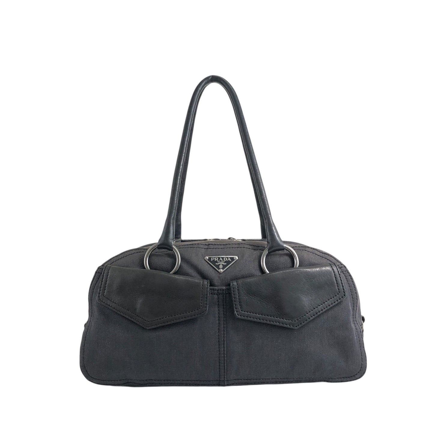 PRADA Triangle Logo Front Pocket Small Boston bag Handbag Black Vintage 7uz66d