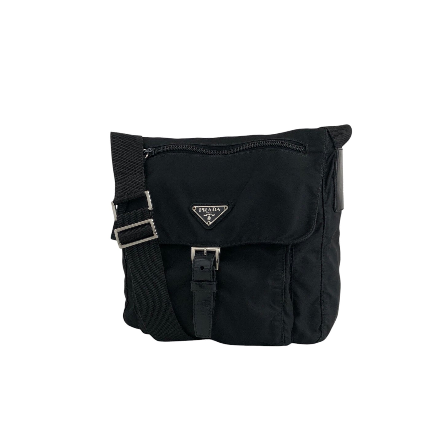 PRADA Triangle Logo Front Buckle Shoulder bag Black Vintage sx8cnr