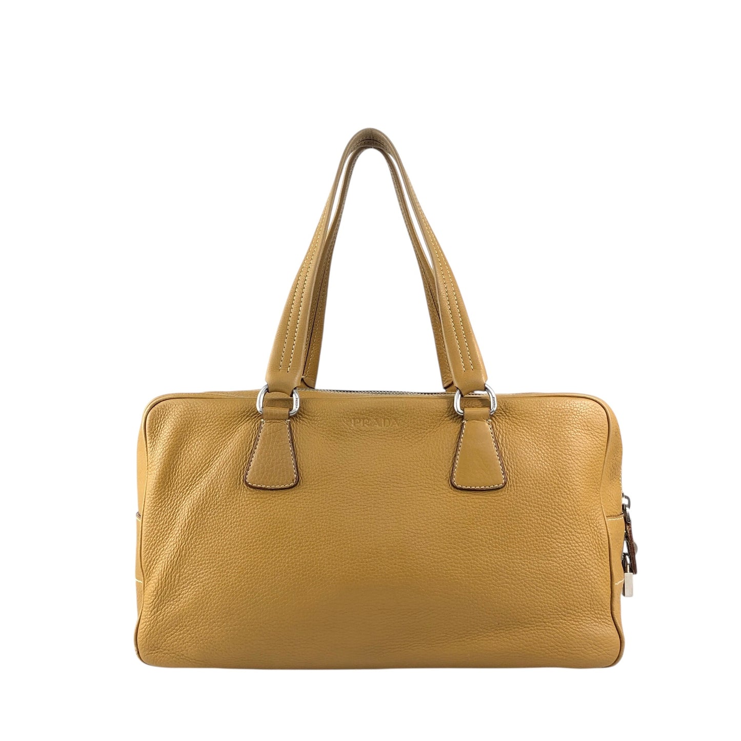 PRADALogo Embossed Small Boston bag Handbag Camel Vintage witjyy