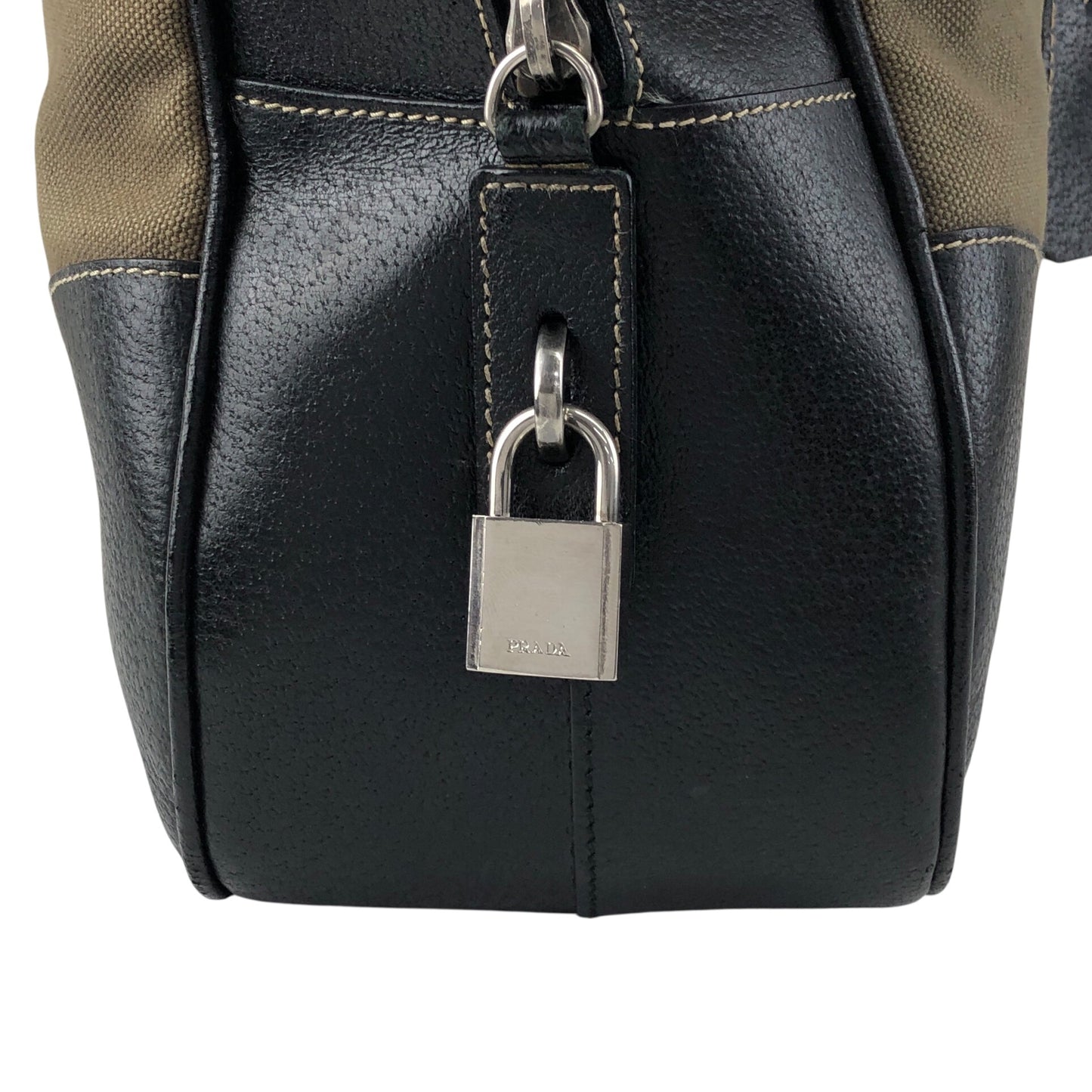 PRADA Triangle Logo Handbag Boston bag Black×Khaki Vintage 7dekxx
