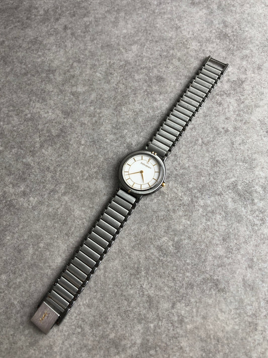 Yves Saint Laurent YSL Logo Quartz Watch Silver×Gold 4820-E62275Y Vintage 4ck8hy