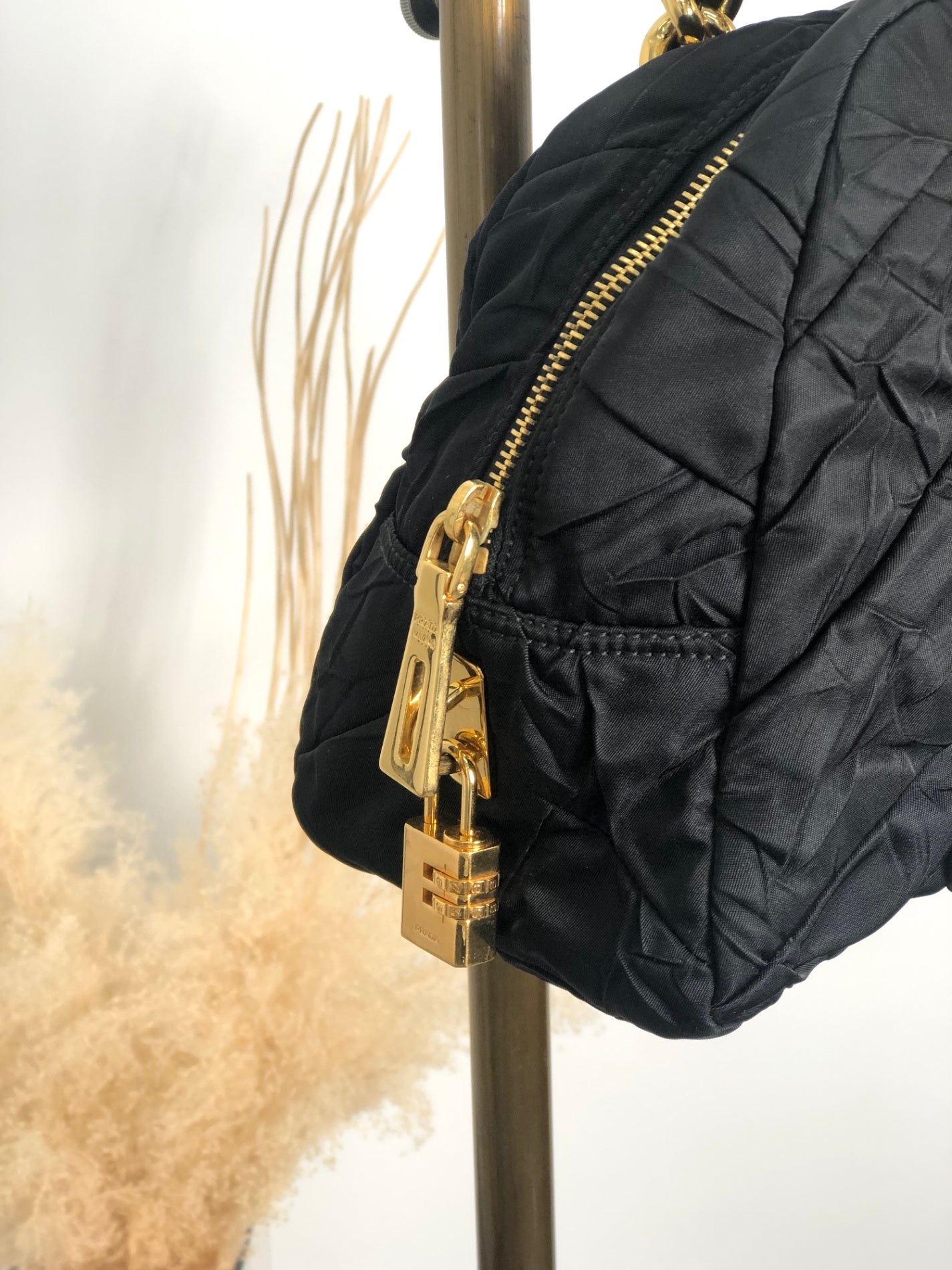PRADA Logo Chain Handbag Black Vintage bruewc