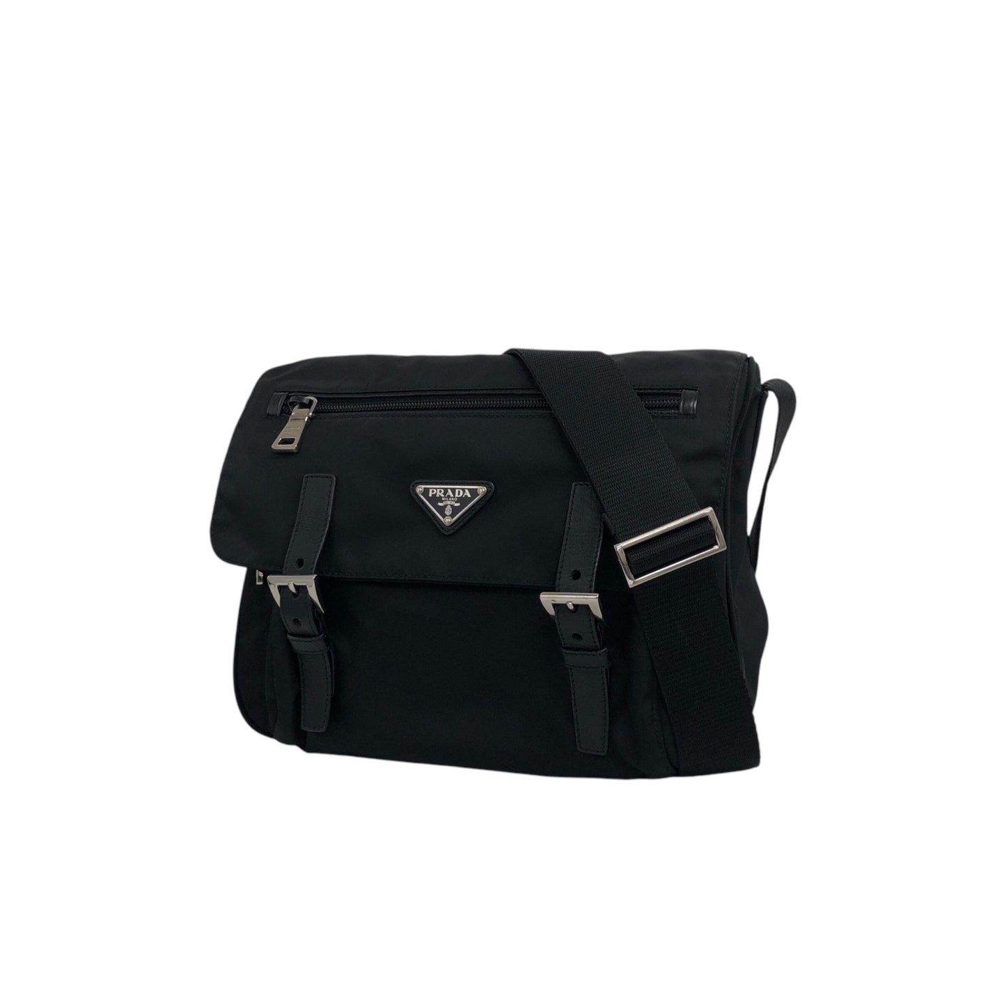 PRADA Triangle Logo Front Buckle Shoulder bag Black Vintage b2kema