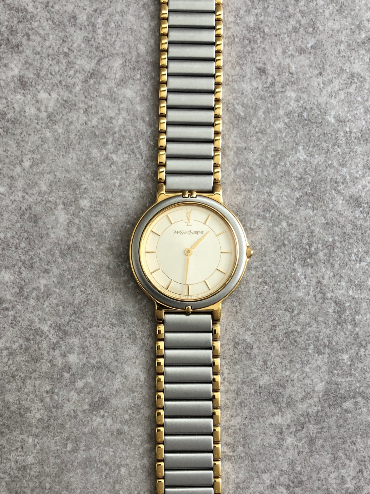 Yves Saint Laurent YSL Logo Quartz Watch Silver×Gold 4620-E62267Y Vintage iymii4
